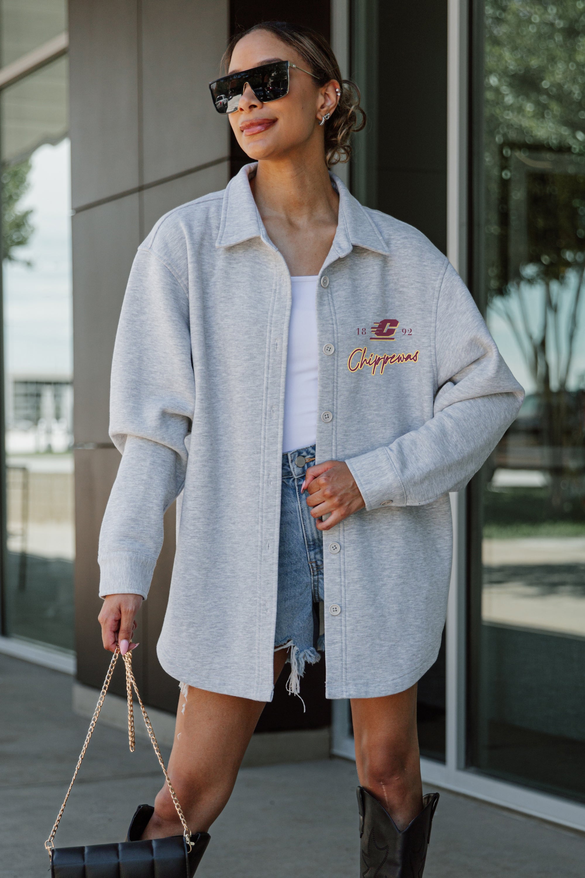 CENTRAL MICHIGAN CHIPPEWAS FOUNDATION SOFT, LONG SLEEVE COTTON-BLEND COLLARED OVERSHIRT WITH BUTTON CUFFS