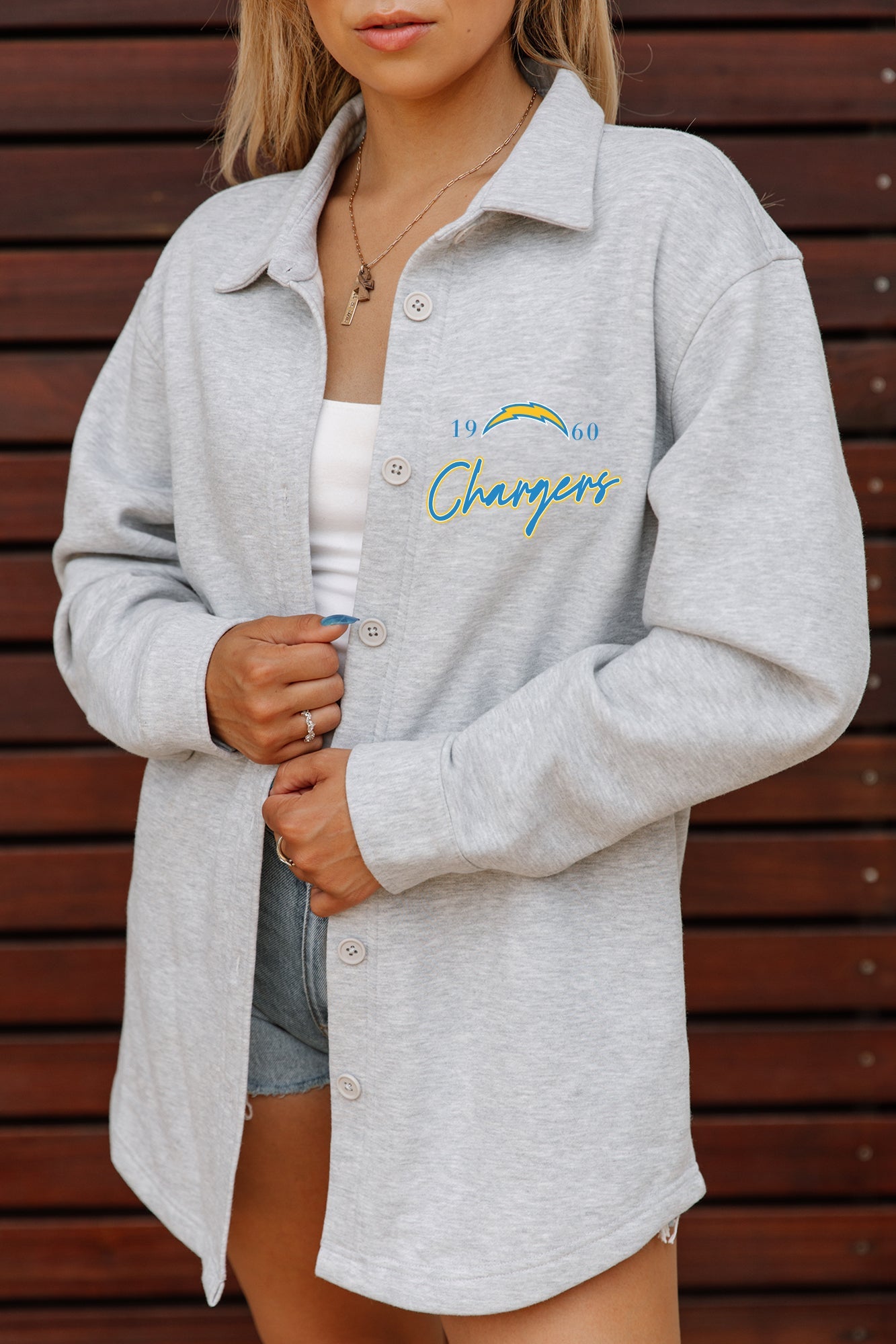 LOS ANGELES CHARGERS FOUNDATION SOFT, LONG SLEEVE COTTON-BLEND COLLARED OVERSHIRT WITH BUTTON CUFFS