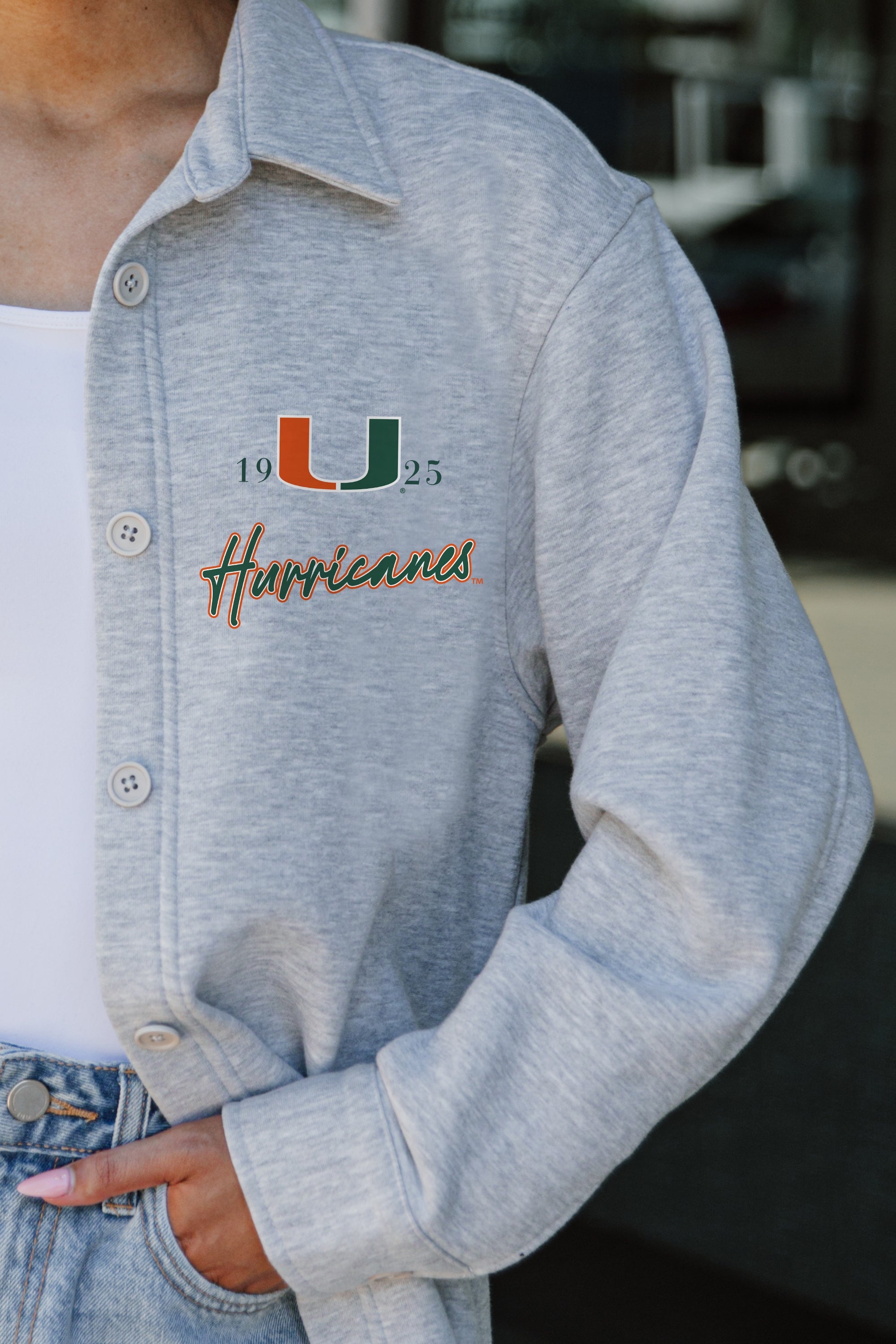 MIAMI HURRICANES FOUNDATION SOFT, LONG SLEEVE COTTON-BLEND COLLARED OVERSHIRT WITH BUTTON CUFFS