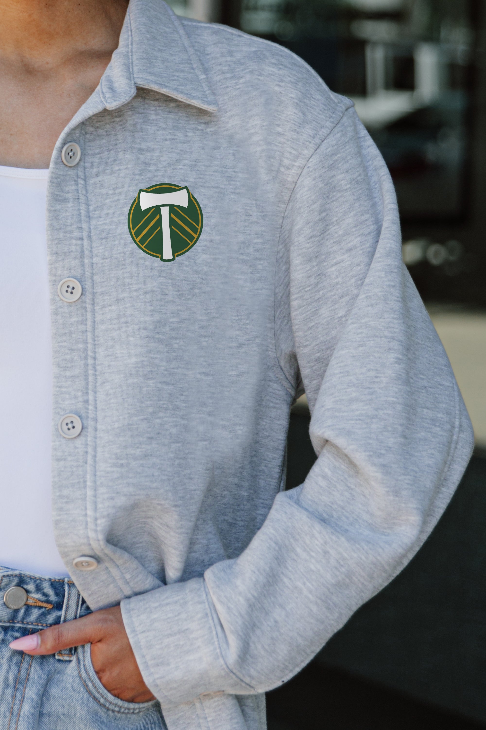 PORTLAND TIMBERS MIDFIELD MAGIC SOFT, LONG SLEEVE COTTON-BLEND COLLARED OVERSHIRT WITH BUTTON CUFFS