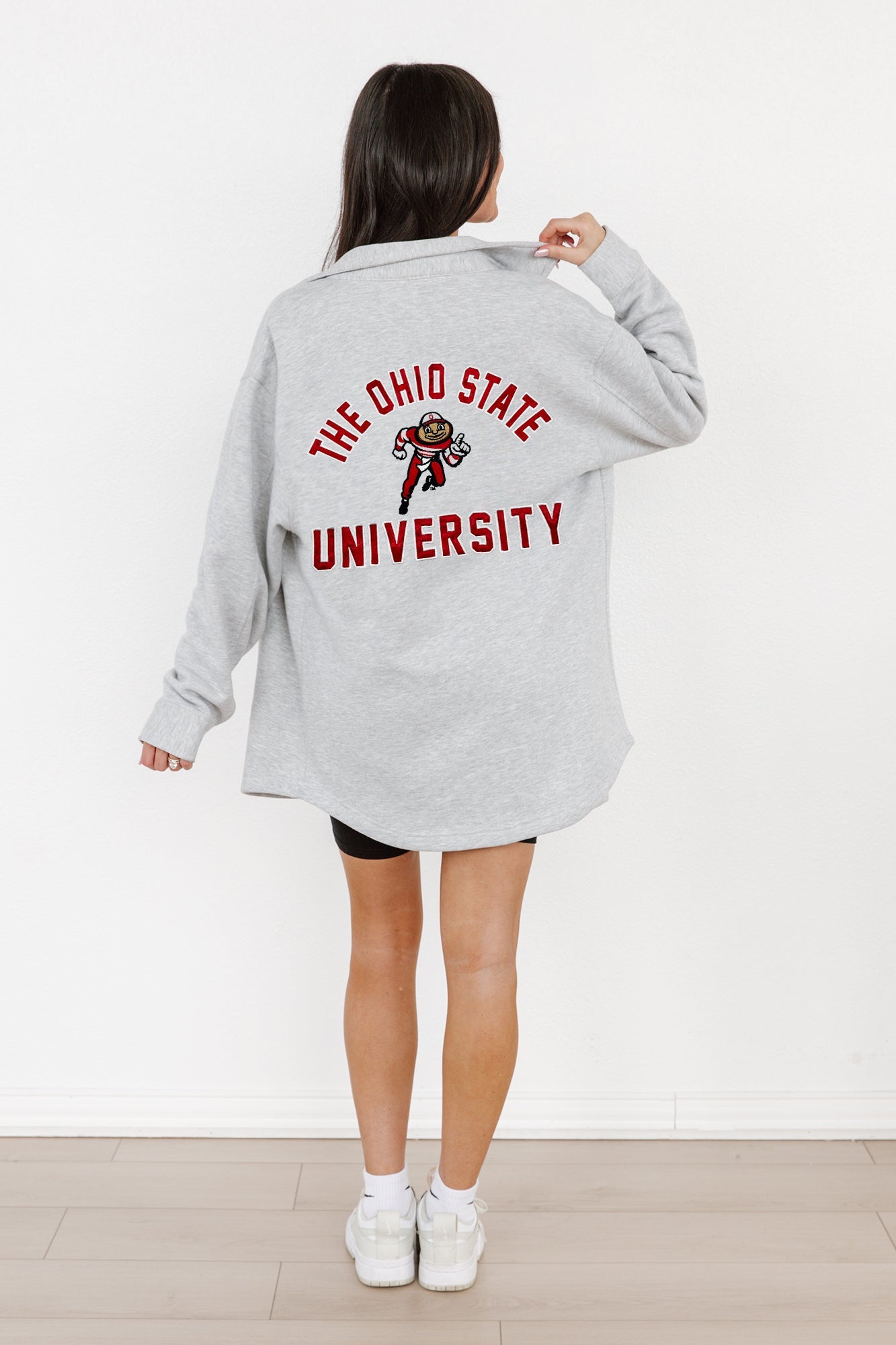 OHIO STATE BUCKEYES WAY TO GO SOFT, LONG SLEEVE COTTON-BLEND COLLARED OVERSHIRT WITH BUTTON CUFFS BY MADI PREWETT TROUTT