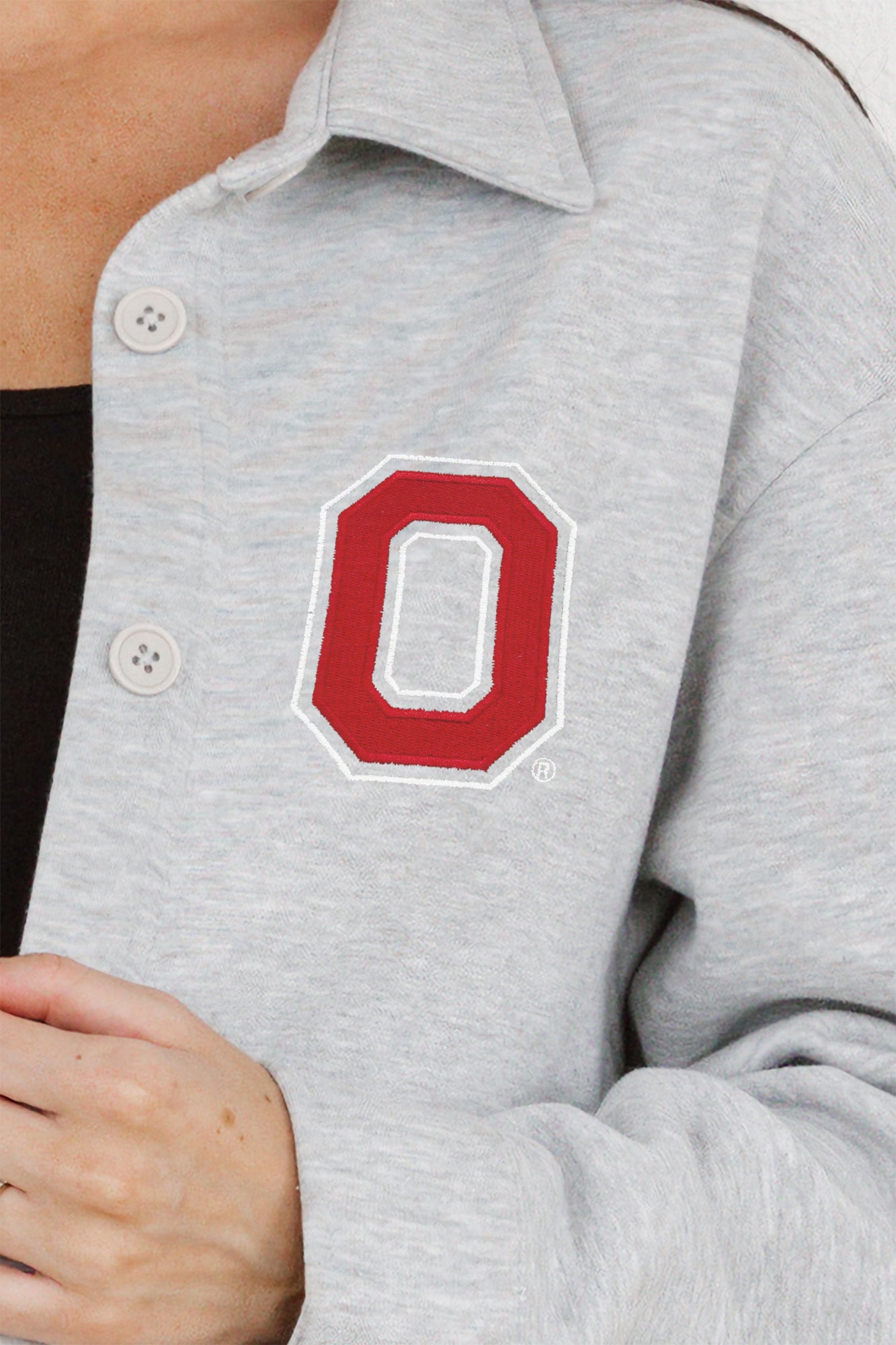 OHIO STATE BUCKEYES WAY TO GO SOFT, LONG SLEEVE COTTON-BLEND COLLARED OVERSHIRT WITH BUTTON CUFFS BY MADI PREWETT TROUTT