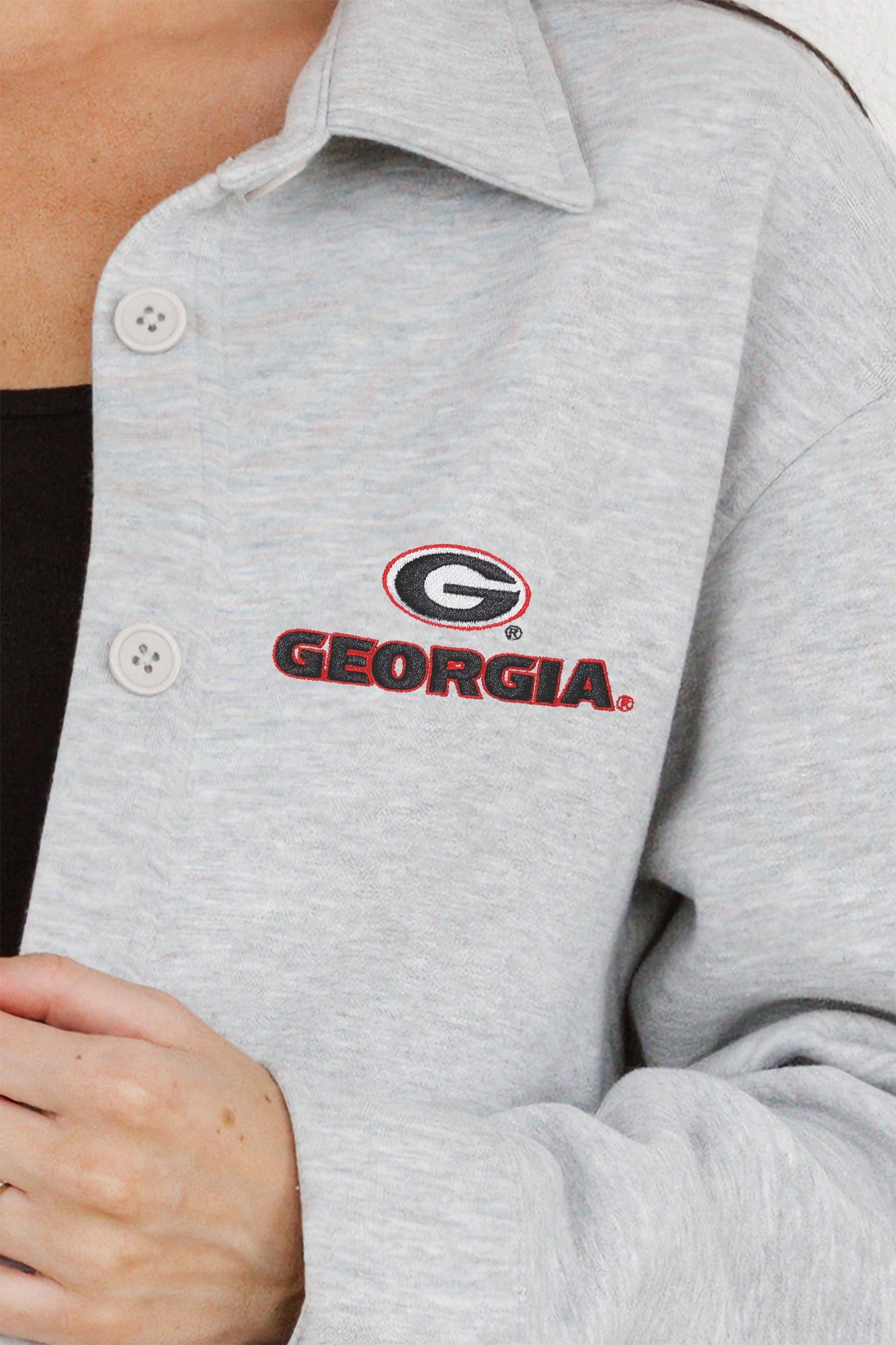 GEORGIA BULLDOGS WAY TO GO SOFT, LONG SLEEVE COTTON-BLEND COLLARED OVERSHIRT WITH BUTTON CUFFS BY MADI PREWETT TROUTT