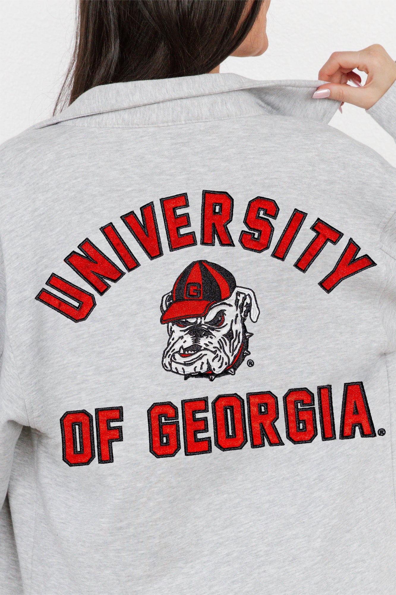 GEORGIA BULLDOGS WAY TO GO SOFT, LONG SLEEVE COTTON-BLEND COLLARED OVERSHIRT WITH BUTTON CUFFS BY MADI PREWETT TROUTT