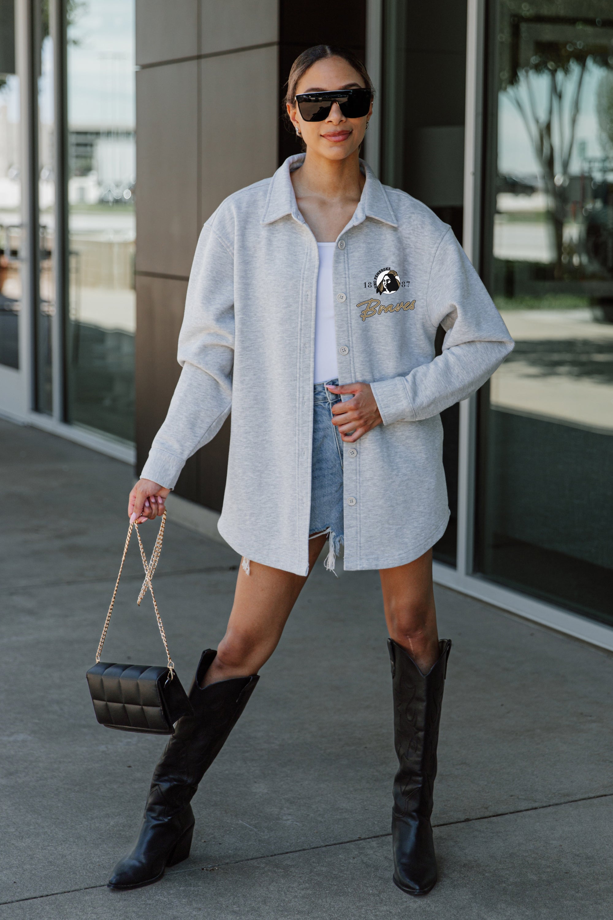 UNC AT PEMBROKE BRAVES FOUNDATION SOFT, LONG SLEEVE COTTON-BLEND COLLARED OVERSHIRT WITH BUTTON CUFFS