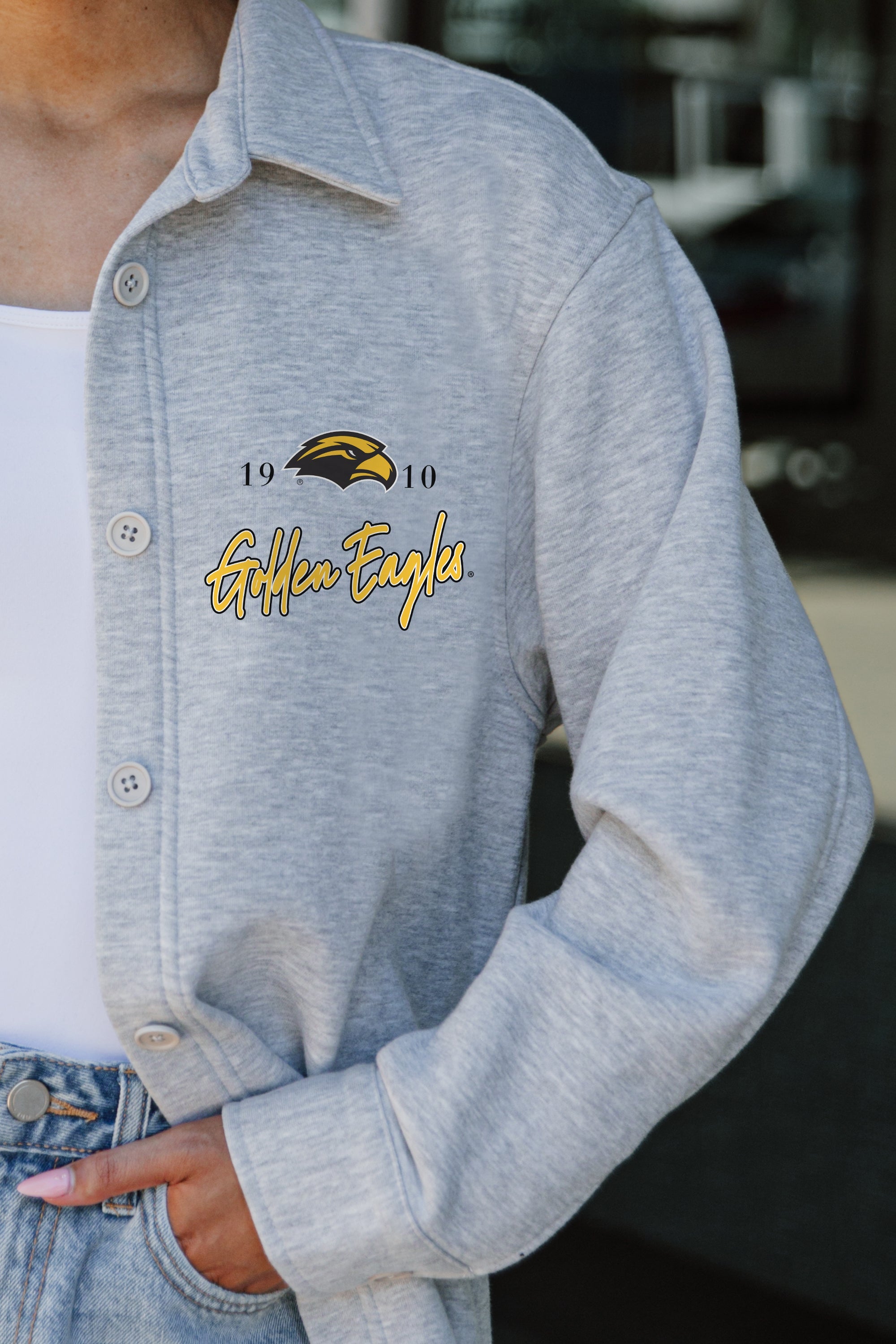 SOUTHERN MISS GOLDEN EAGLES FOUNDATION SOFT, LONG SLEEVE COTTON-BLEND COLLARED OVERSHIRT WITH BUTTON CUFFS