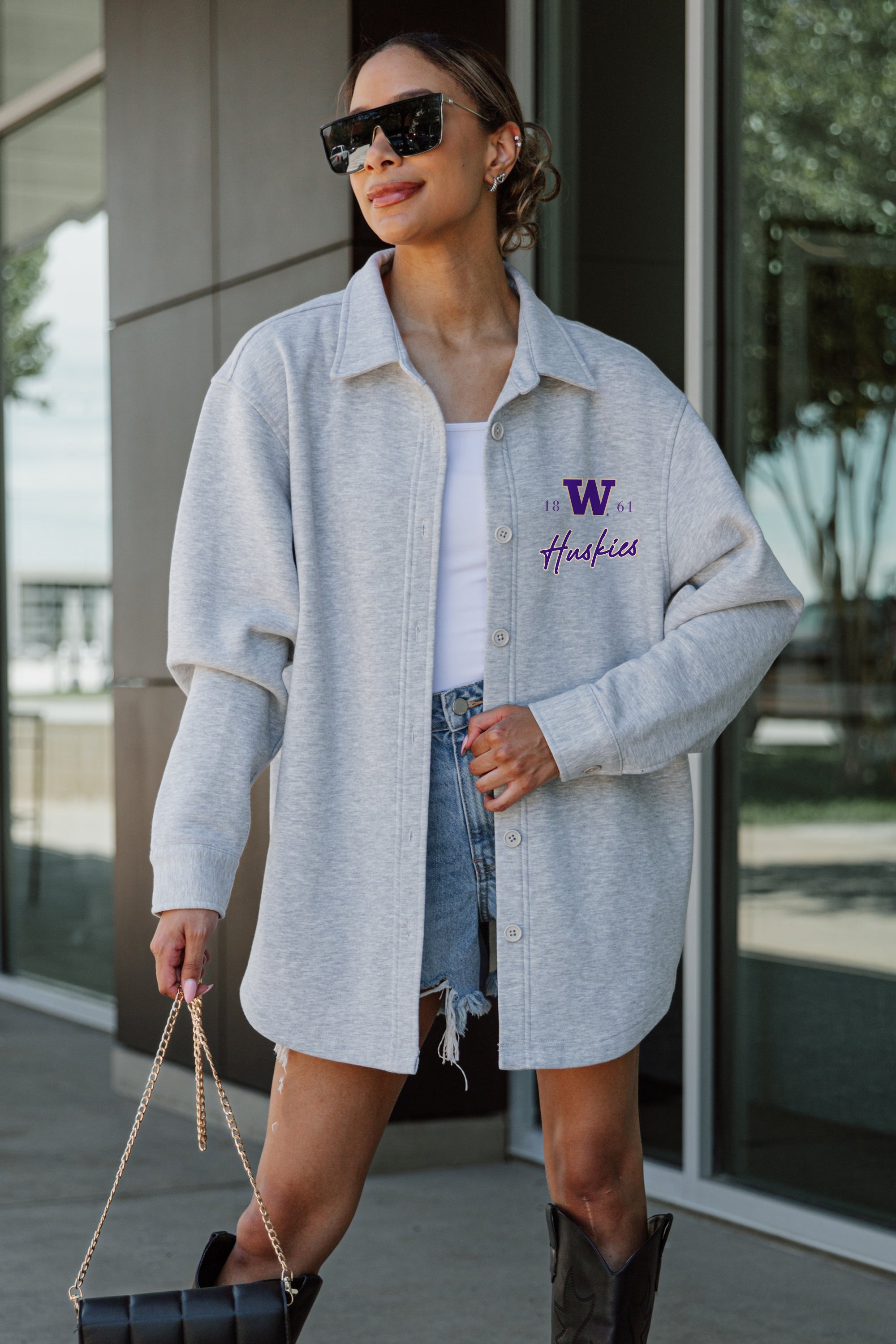 WASHINGTON HUSKIES FOUNDATION SOFT, LONG SLEEVE COTTON-BLEND COLLARED OVERSHIRT WITH BUTTON CUFFS