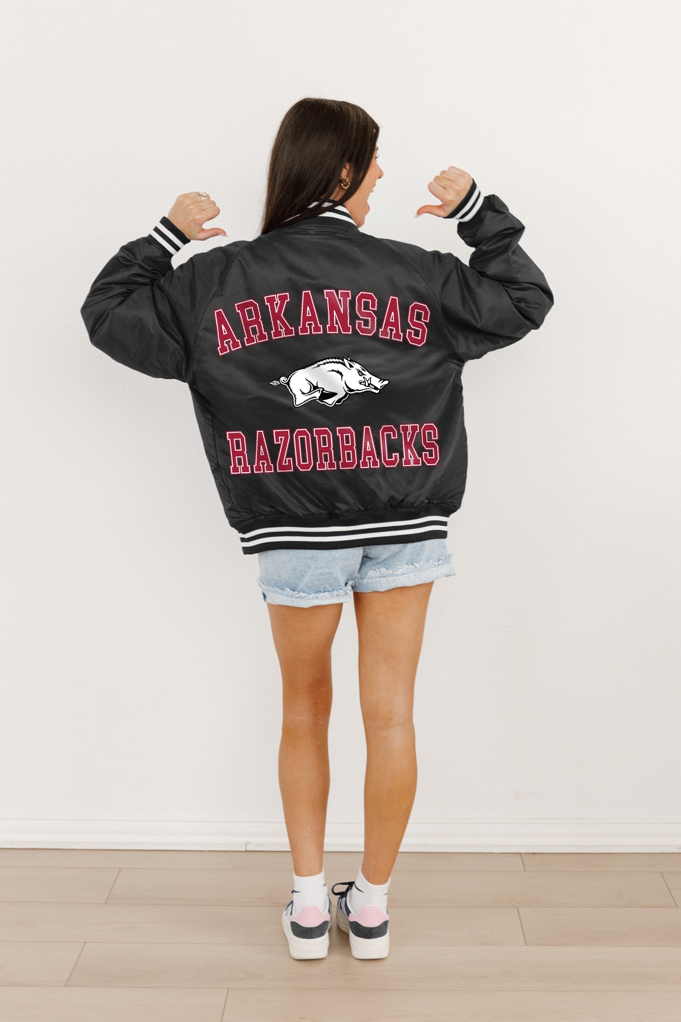 ARKANSAS RAZORBACKS CHAMPION'S CLUB SPORT STRIPE VARSITY JACKET BY MADI PREWETT TROUTT