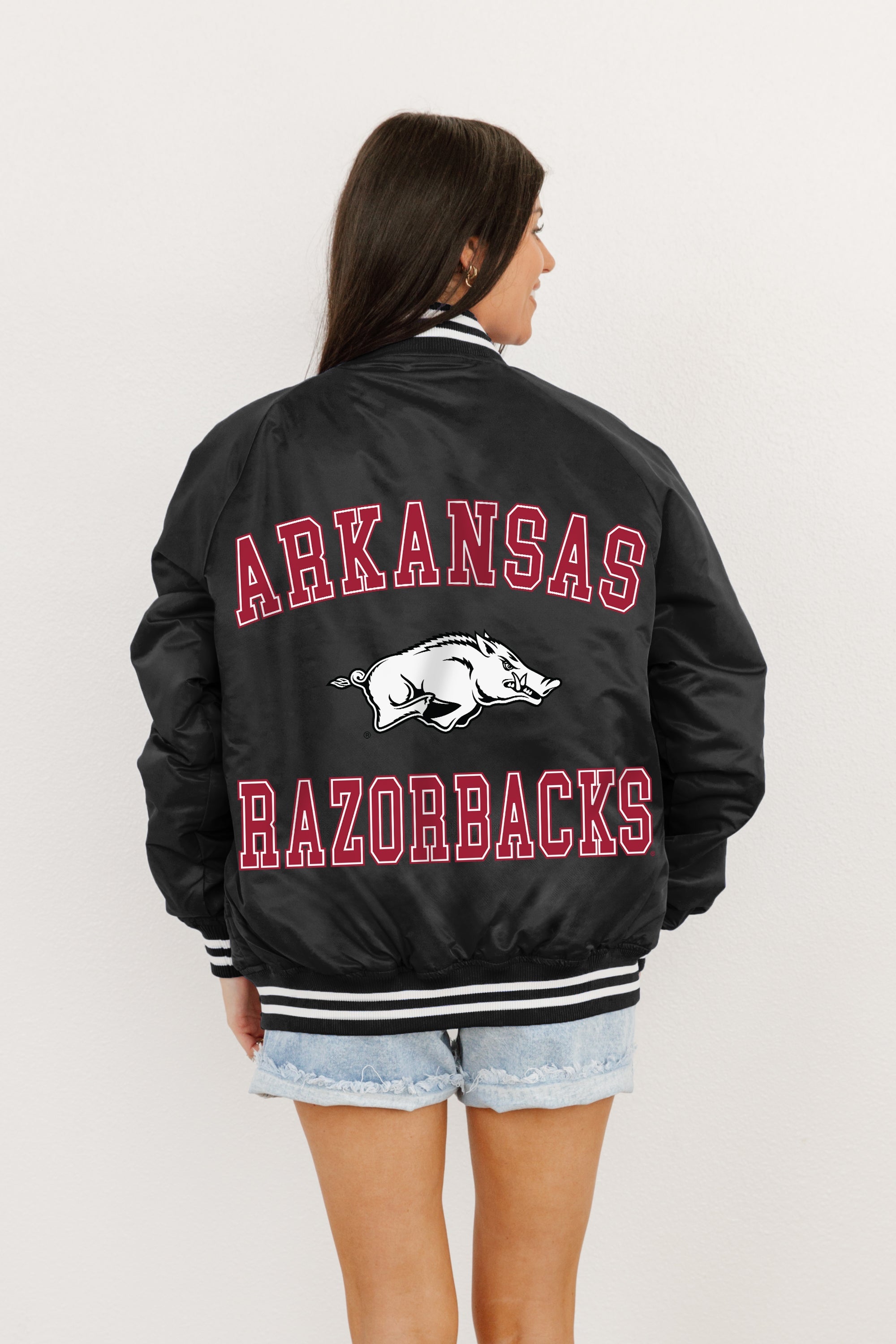 ARKANSAS RAZORBACKS CHAMPION'S CLUB SPORT STRIPE VARSITY JACKET BY MADI PREWETT TROUTT