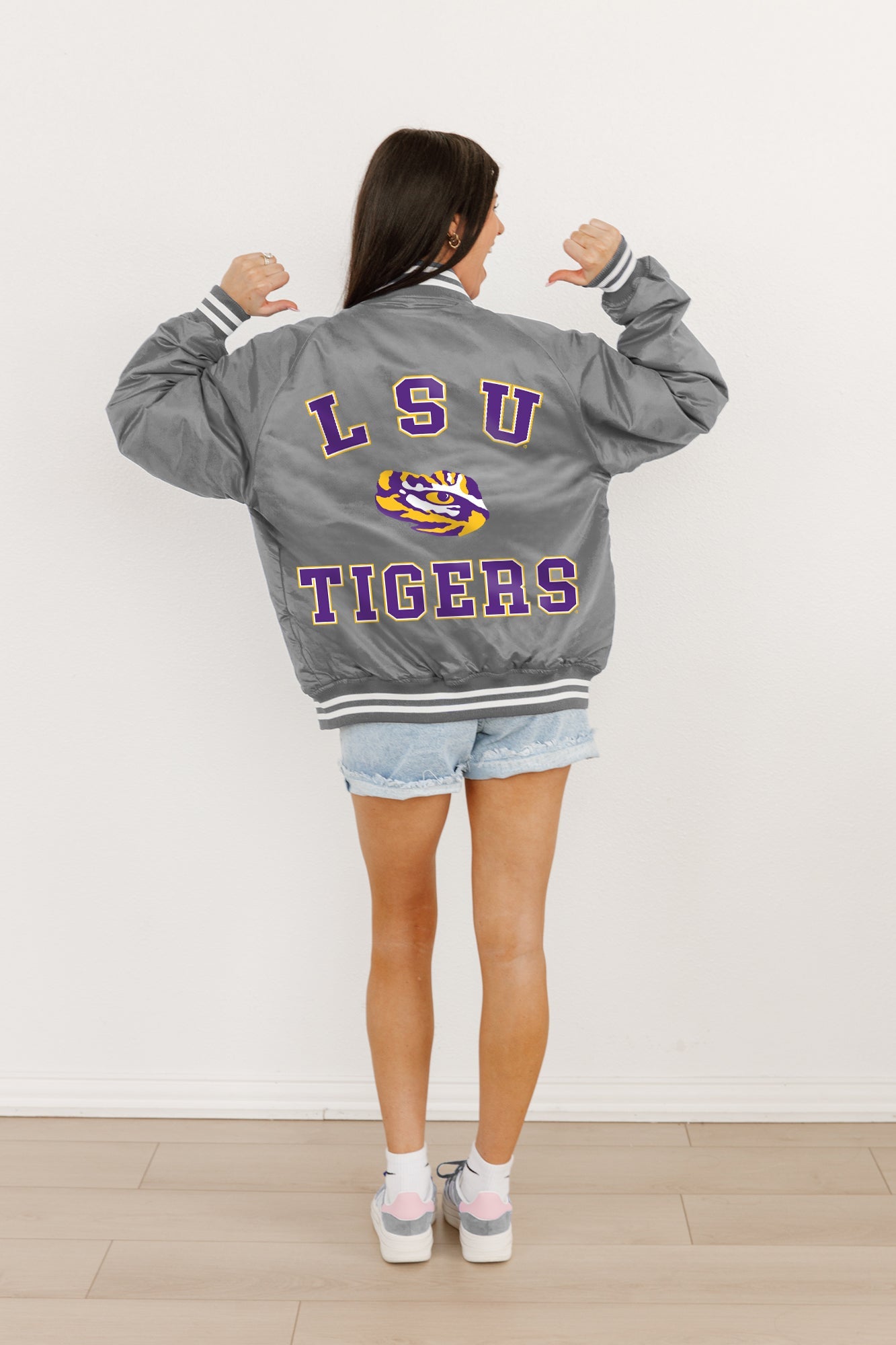 LSU TIGERS CHAMPION'S CLUB SPORT STRIPE VARSITY JACKET BY MADI PREWETT TROUTT