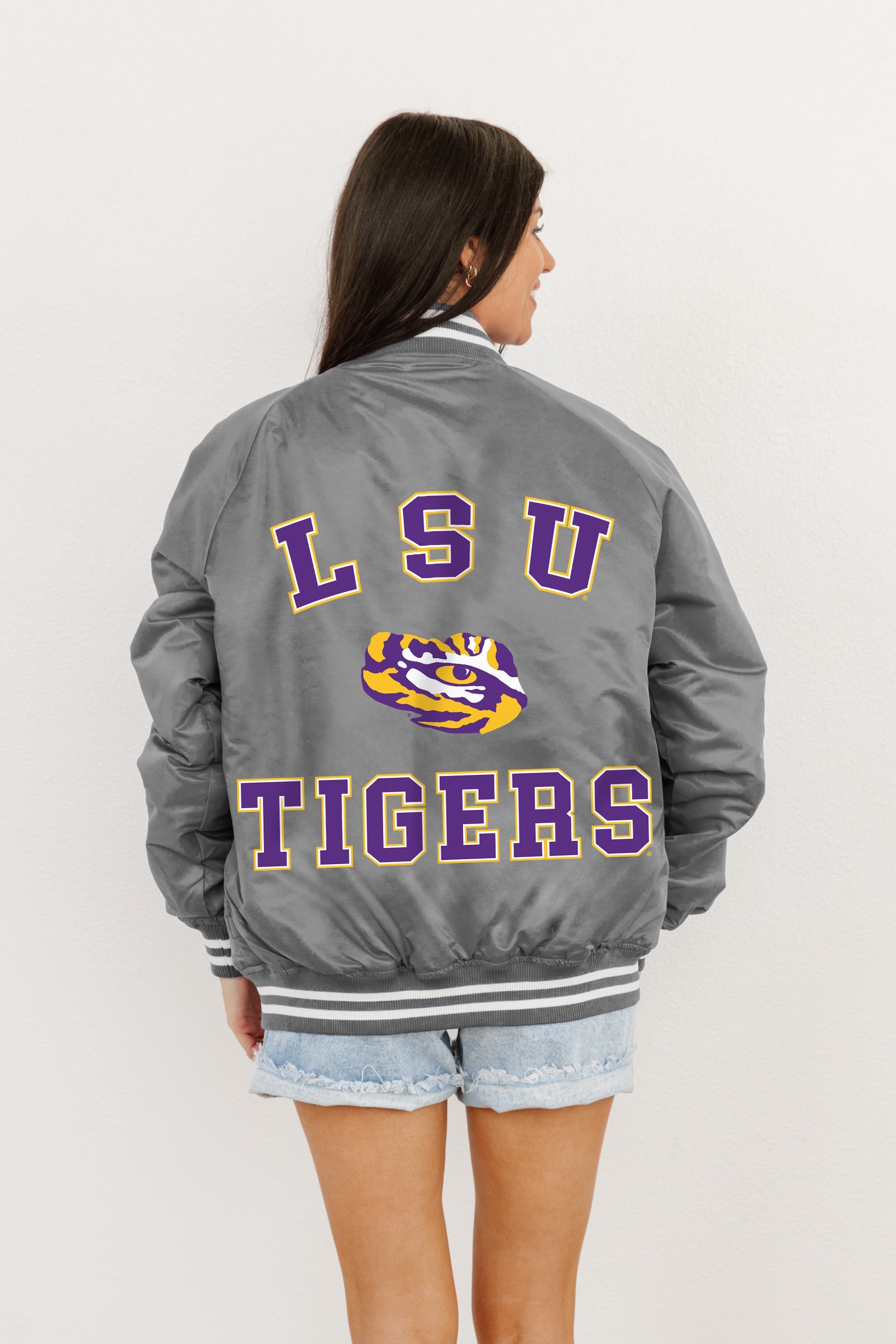 LSU TIGERS CHAMPION'S CLUB SPORT STRIPE VARSITY JACKET BY MADI PREWETT TROUTT