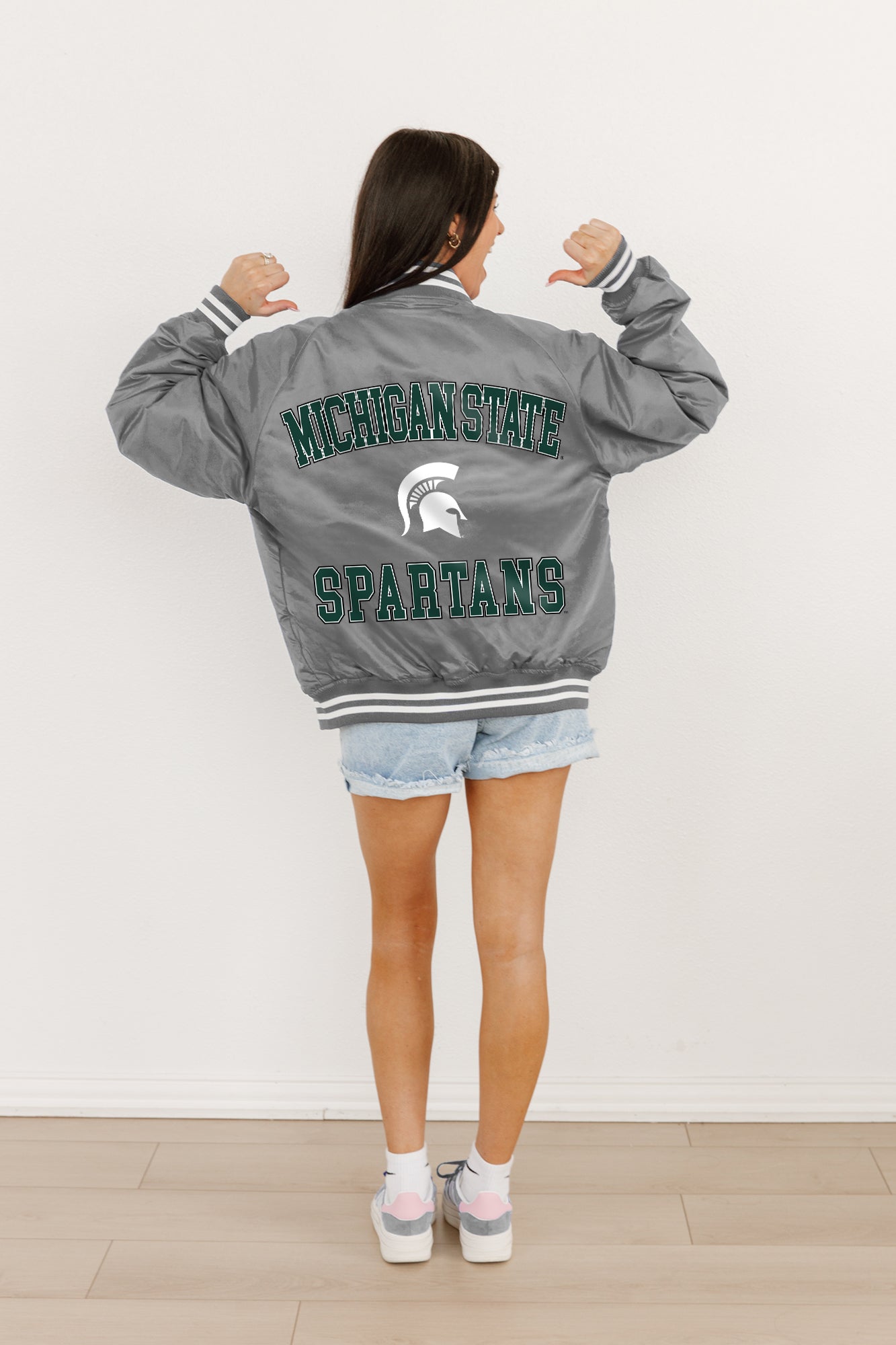 MICHIGAN STATE SPARTANS CHAMPION'S CLUB SPORT STRIPE VARSITY JACKET BY MADI PREWETT TROUTT