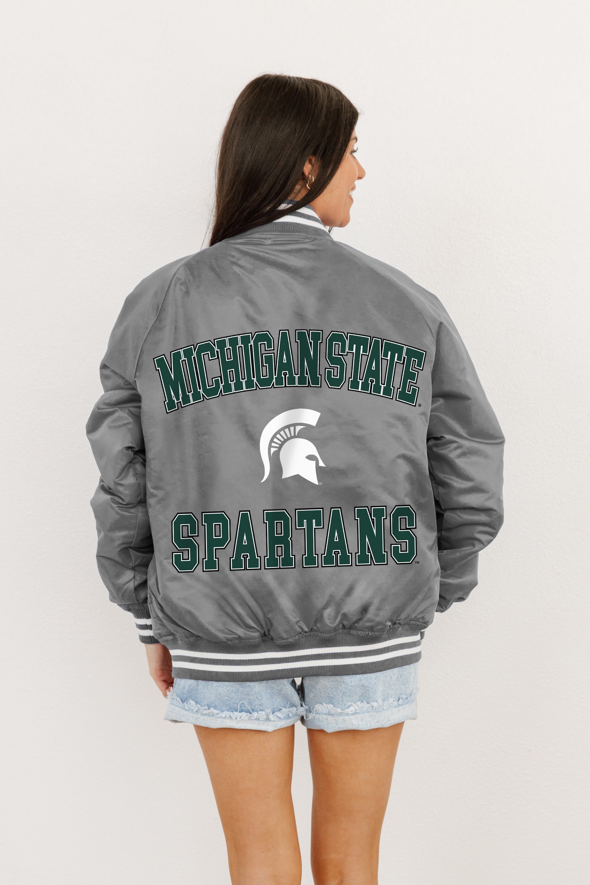 MICHIGAN STATE SPARTANS CHAMPION'S CLUB SPORT STRIPE VARSITY JACKET BY MADI PREWETT TROUTT