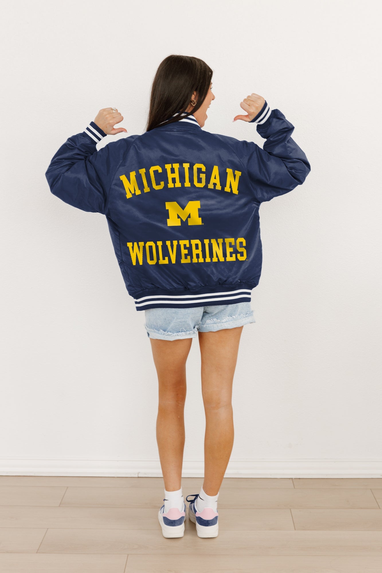 MICHIGAN WOLVERINES CHAMPION'S CLUB SPORT STRIPE VARSITY JACKET BY MADI PREWETT TROUTT