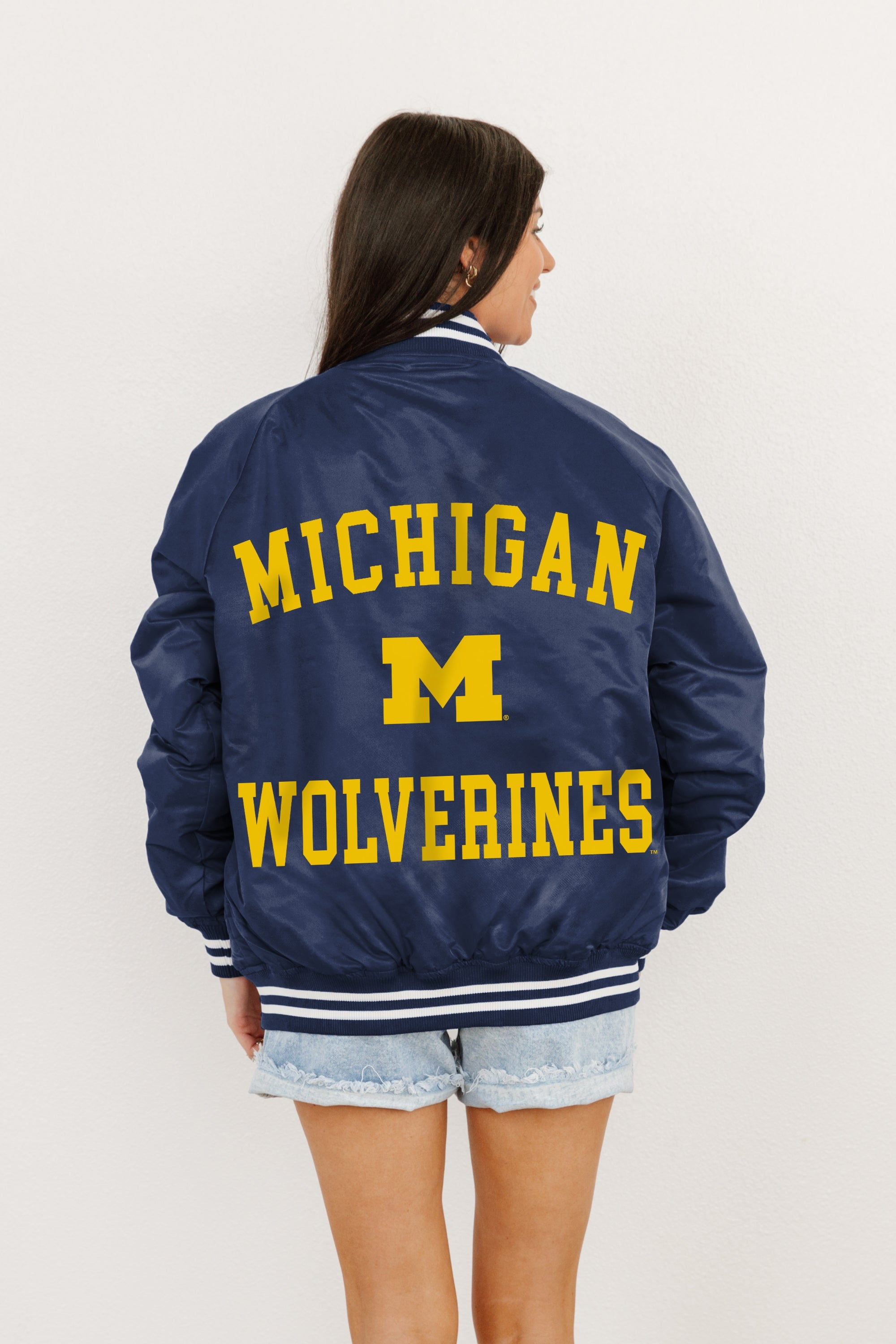 MICHIGAN WOLVERINES CHAMPION'S CLUB SPORT STRIPE VARSITY JACKET BY MADI PREWETT TROUTT