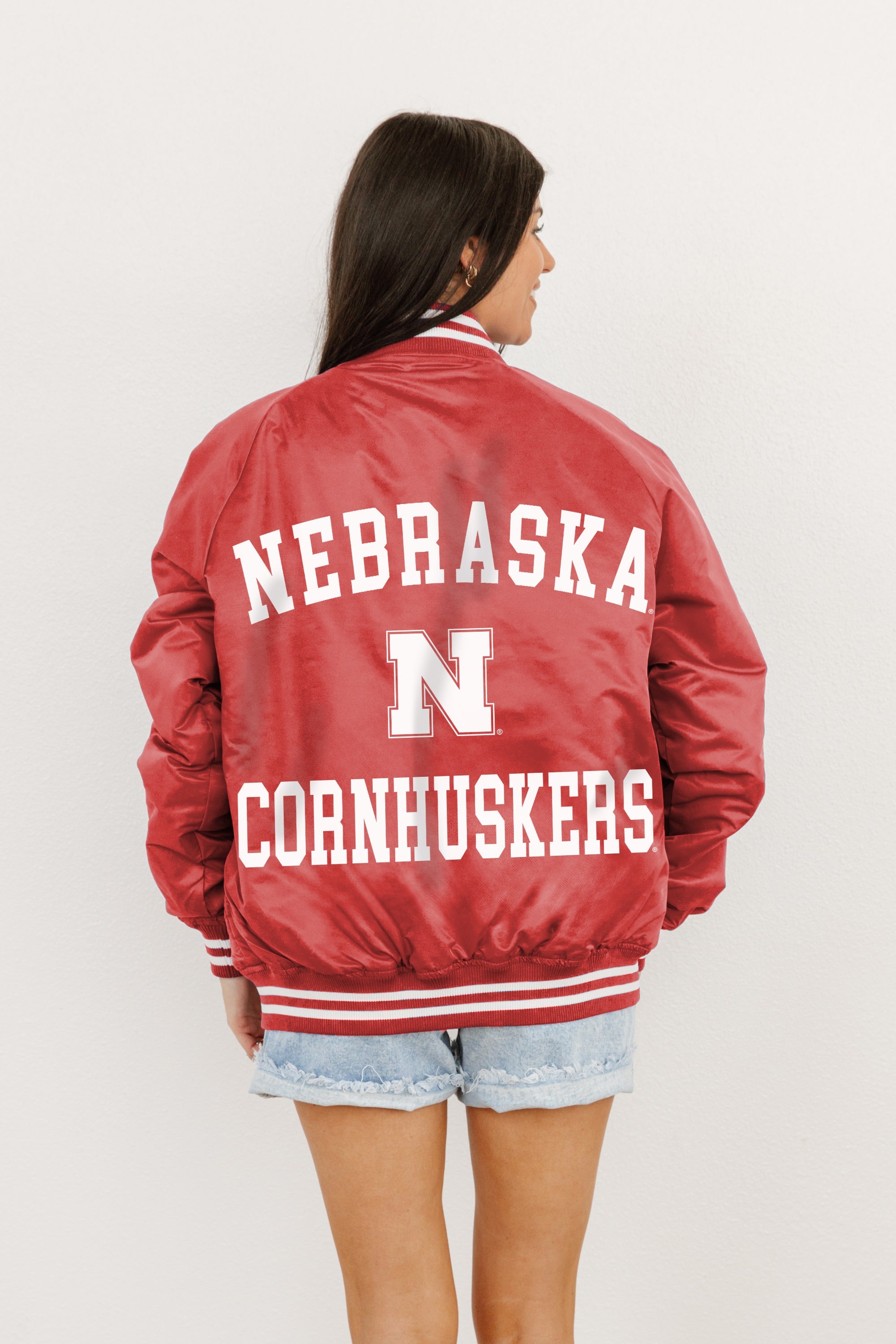 NEBRASKA CORNHUSKERS CHAMPION'S CLUB SPORT STRIPE VARSITY JACKET BY MADI PREWETT TROUTT