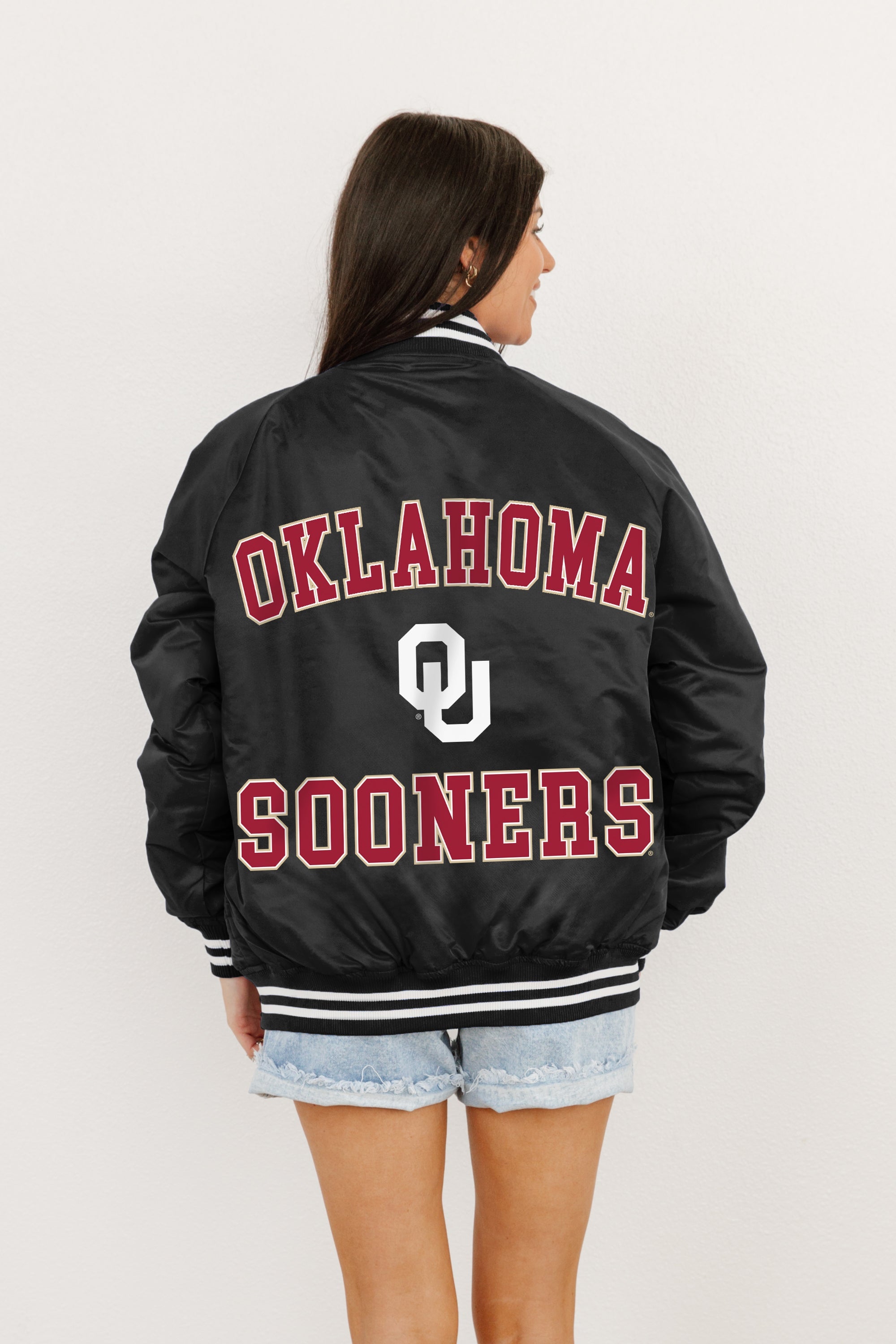 OKLAHOMA SOONERS CHAMPION'S CLUB SPORT STRIPE VARSITY JACKET BY MADI PREWETT TROUTT