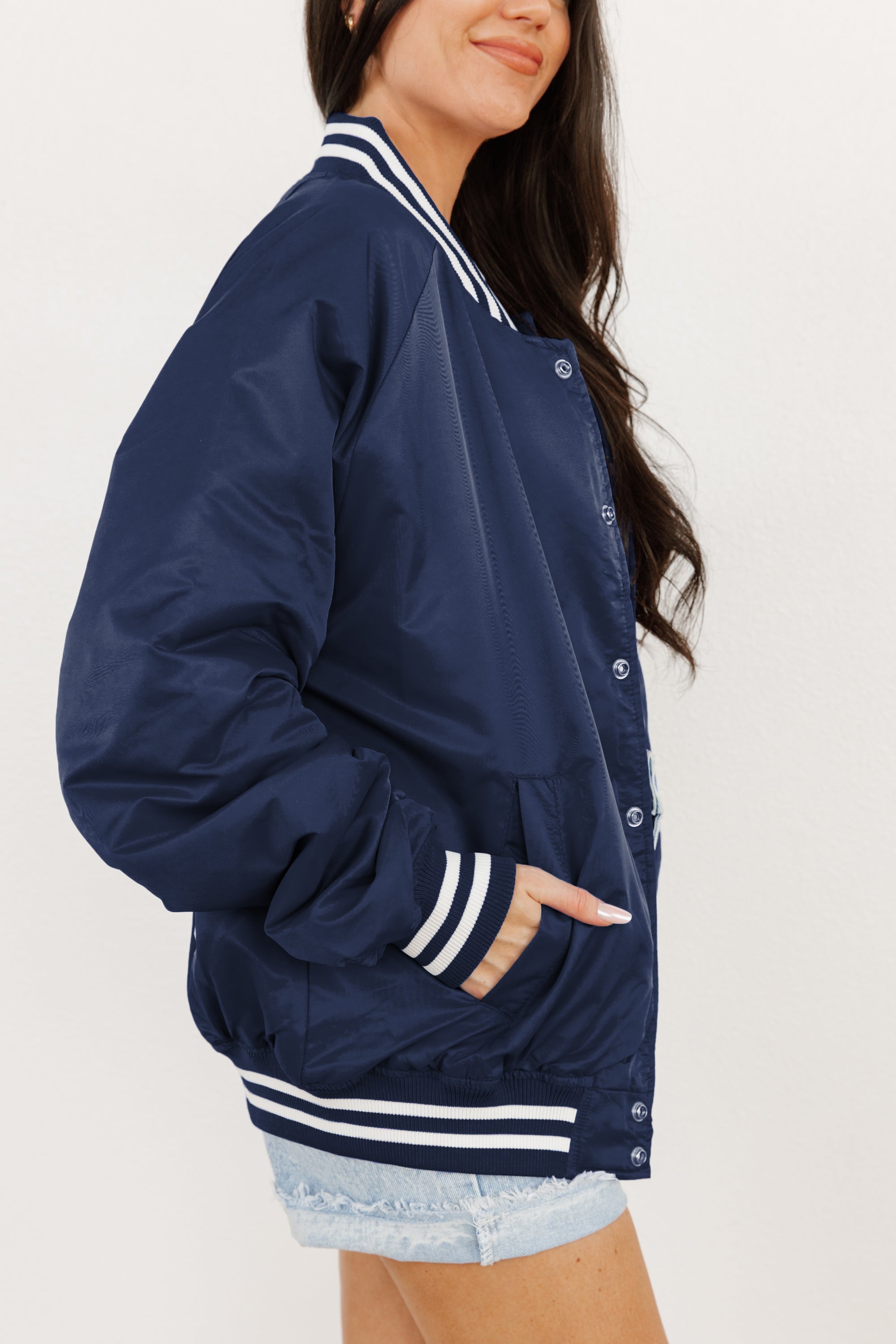 PENN STATE NITTANY LIONS CHAMPION'S CLUB SPORT STRIPE VARSITY JACKET BY MADI PREWETT TROUTT