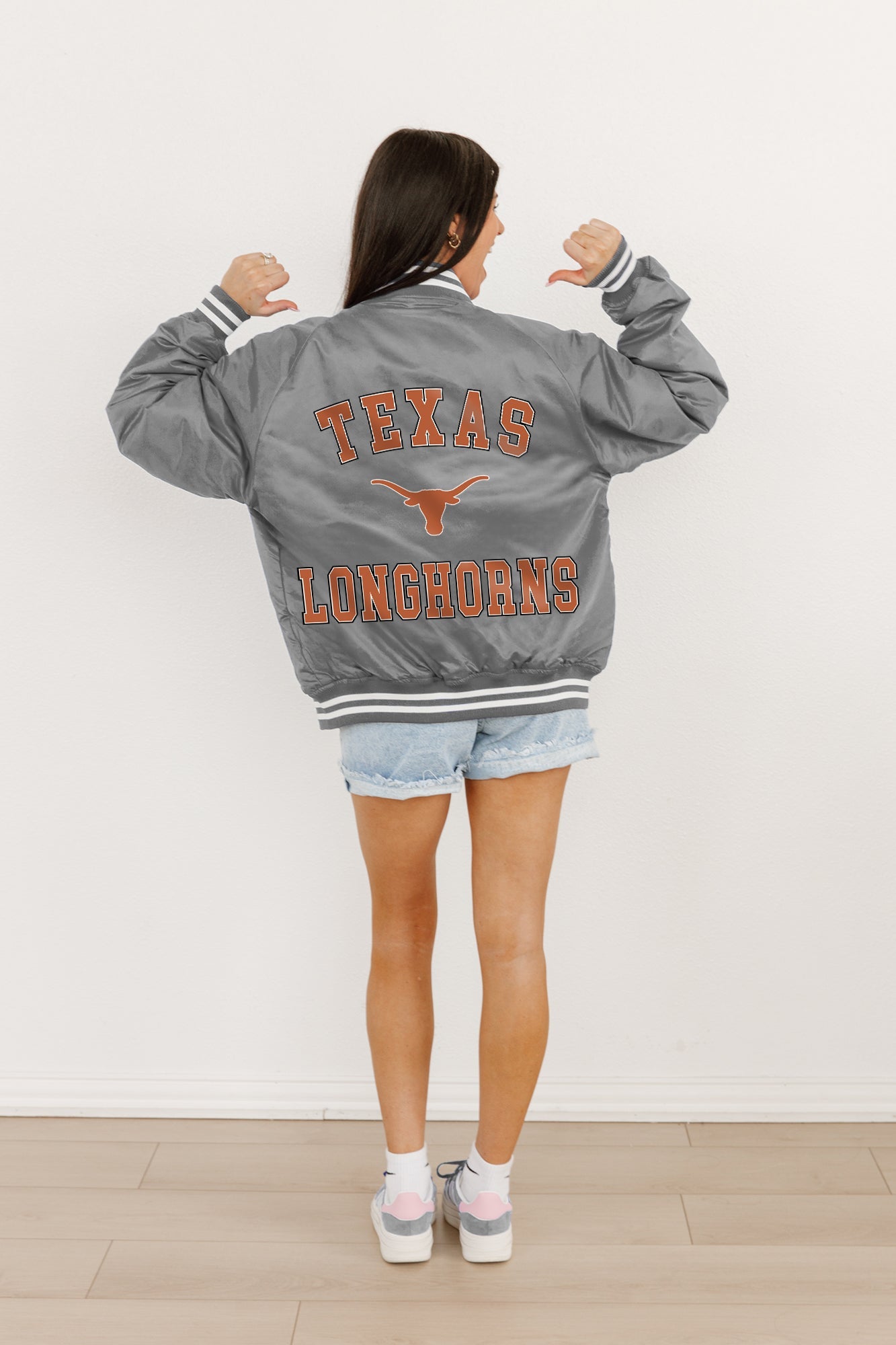 TEXAS LONGHORNS CHAMPION'S CLUB SPORT STRIPE VARSITY JACKET BY MADI PREWETT TROUTT