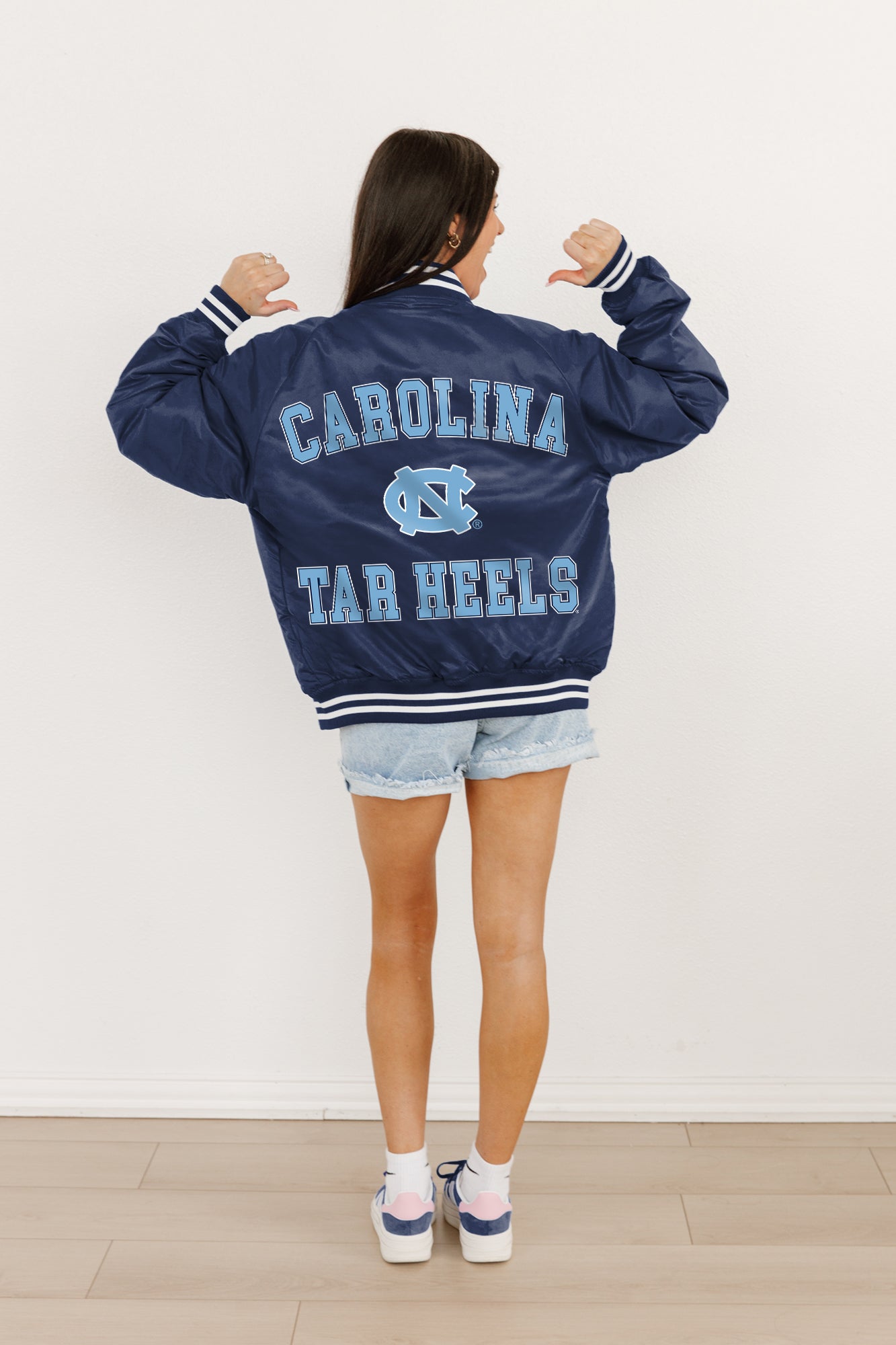 NORTH CAROLINA TAR HEELS CHAMPION'S CLUB SPORT STRIPE VARSITY JACKET BY MADI PREWETT TROUTT