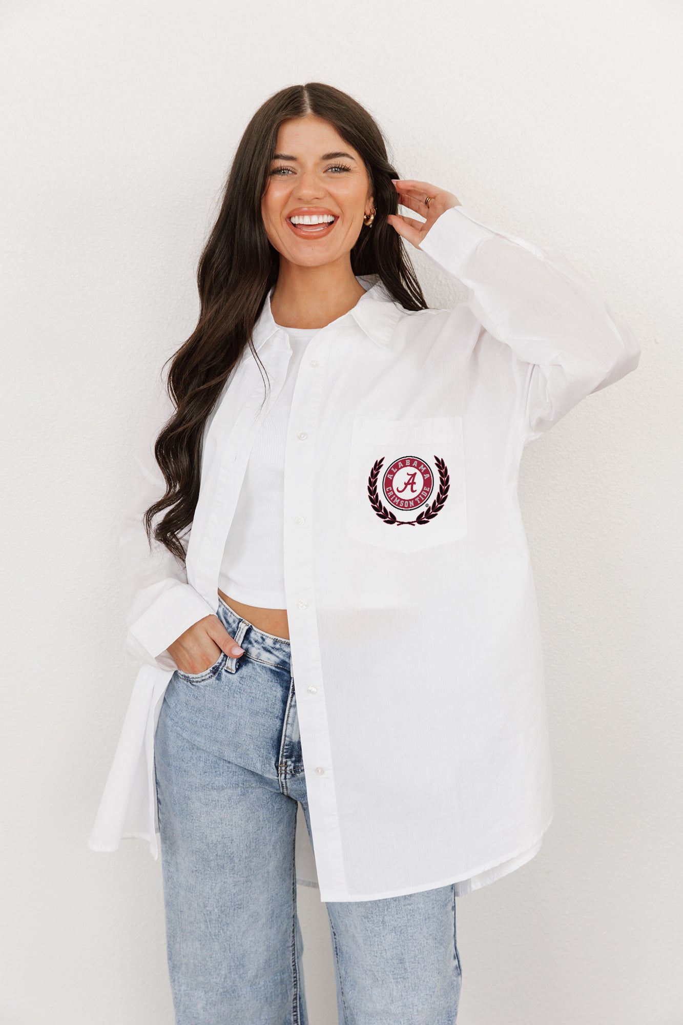 ALABAMA CRIMSON TIDE VICTORY CHANT WHITE BUTTON DOWN COLLARED TOP BY MADI PREWETT TROUTT