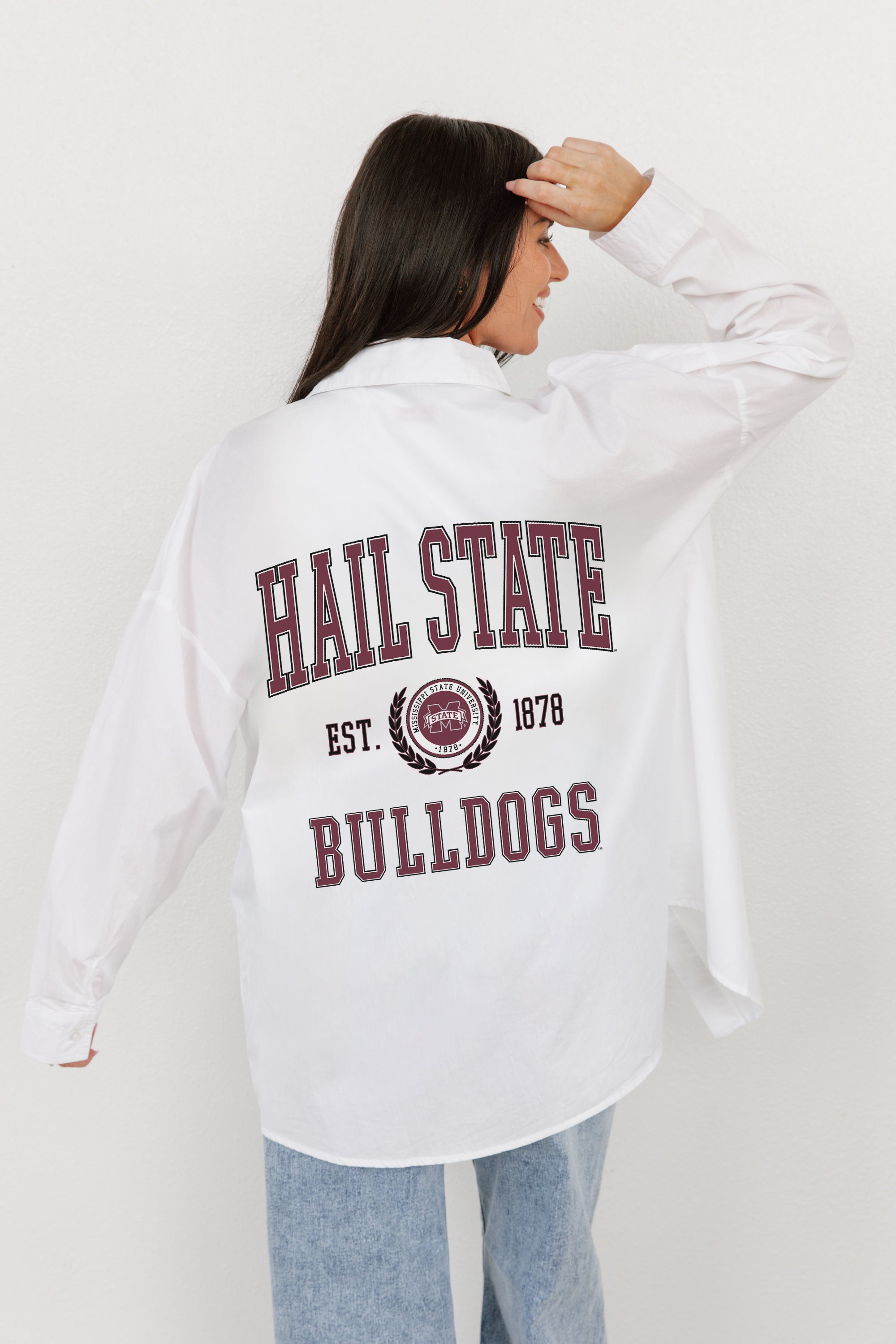 MISSISSIPPI STATE BULLDOGS VICTORY CHANT WHITE BUTTON DOWN COLLARED TOP BY MADI PREWETT TROUTT