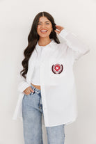 NEBRASKA CORNHUSKERS VICTORY CHANT WHITE BUTTON DOWN COLLARED TOP BY MADI PREWETT TROUTT