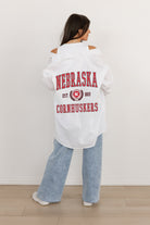 NEBRASKA CORNHUSKERS VICTORY CHANT WHITE BUTTON DOWN COLLARED TOP BY MADI PREWETT TROUTT