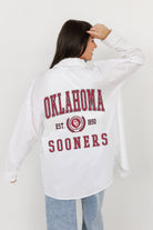 OKLAHOMA SOONERS VICTORY CHANT WHITE BUTTON DOWN COLLARED TOP BY MADI PREWETT TROUTT