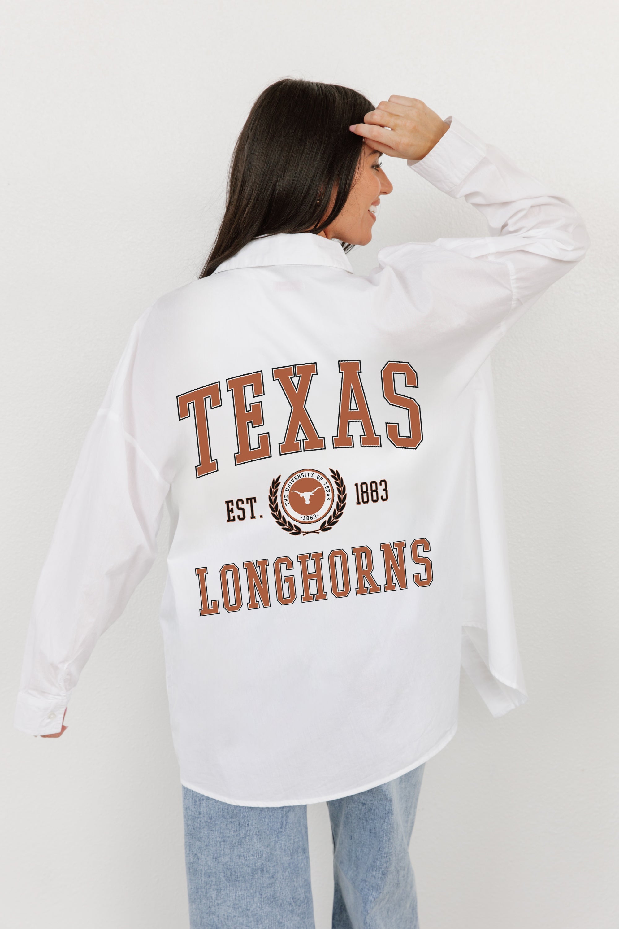 TEXAS LONGHORNS VICTORY CHANT WHITE BUTTON DOWN COLLARED TOP BY MADI PREWETT TROUTT