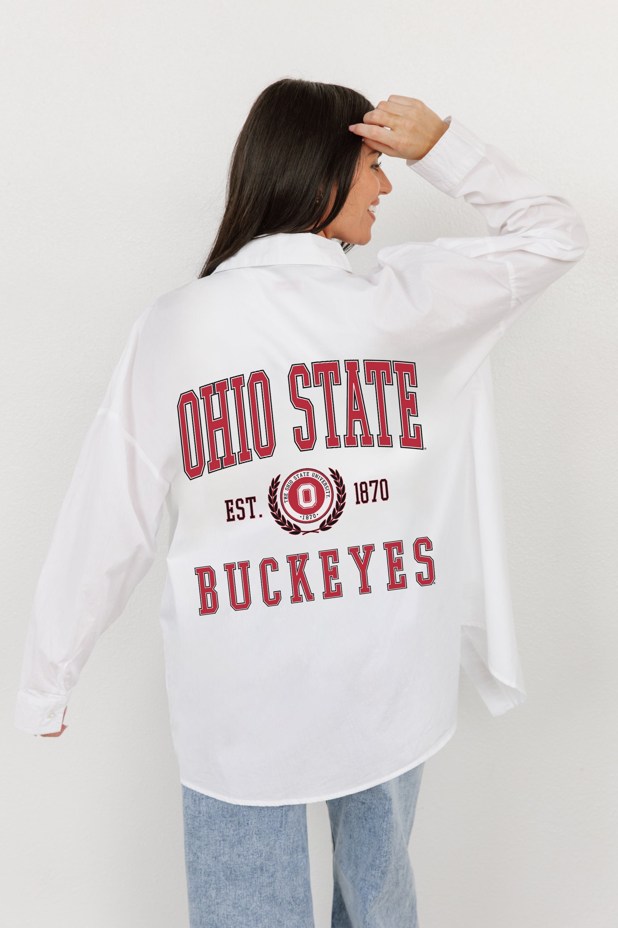 OHIO STATE BUCKEYES VICTORY CHANT WHITE BUTTON DOWN COLLARED TOP BY MADI PREWETT TROUTT