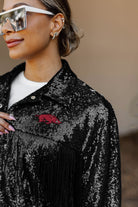 ARKANSAS RAZORBACKS ON THE FRINGE MIRRORBALL FRINGE SEQUIN JACKET