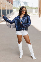 DALLAS COWBOYS GLAM FOR GAMEDAY MIRRORBALL FRINGE SEQUIN JACKET