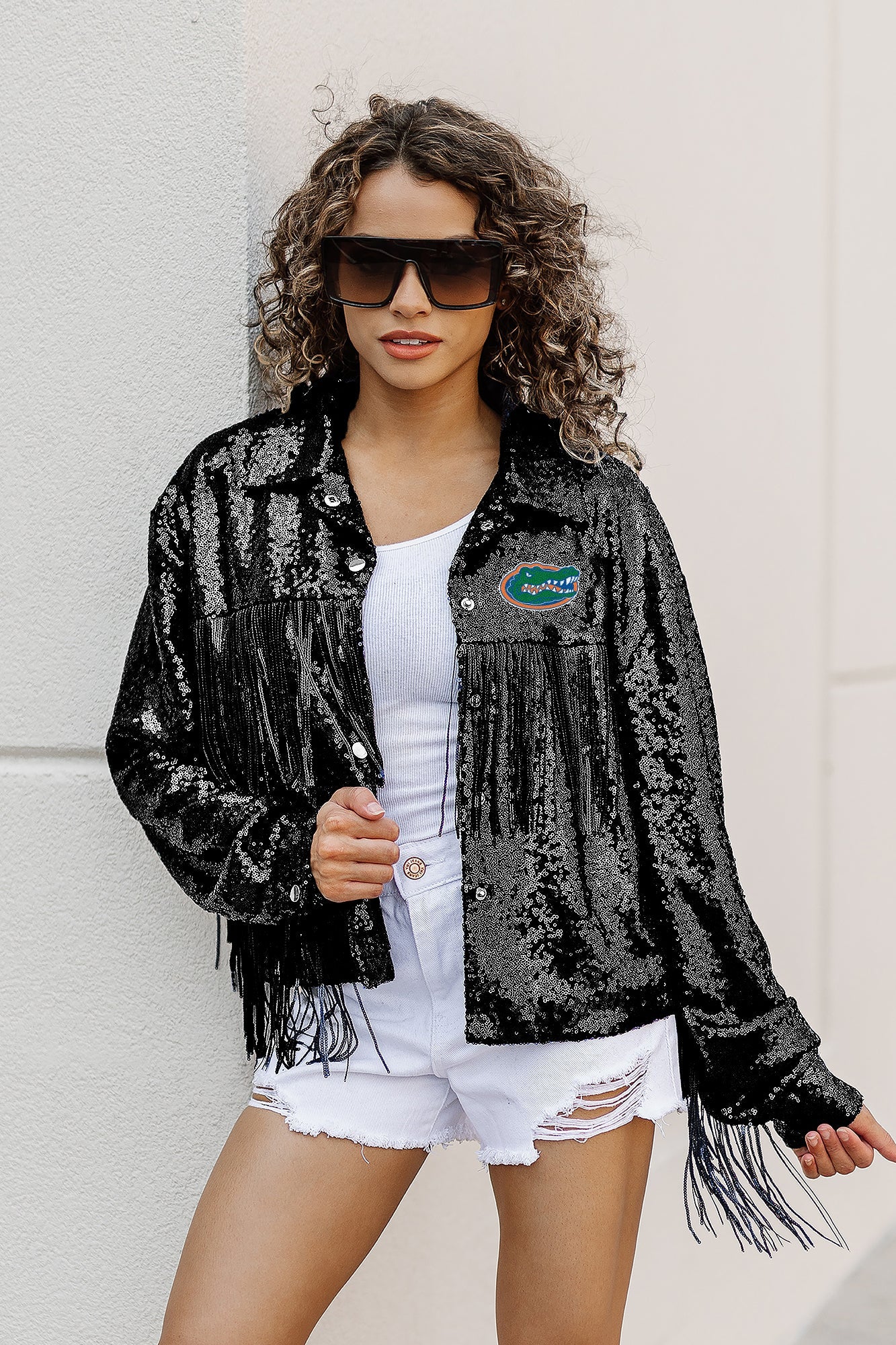 FLORIDA GATORS ON THE FRINGE MIRRORBALL FRINGE SEQUIN JACKET