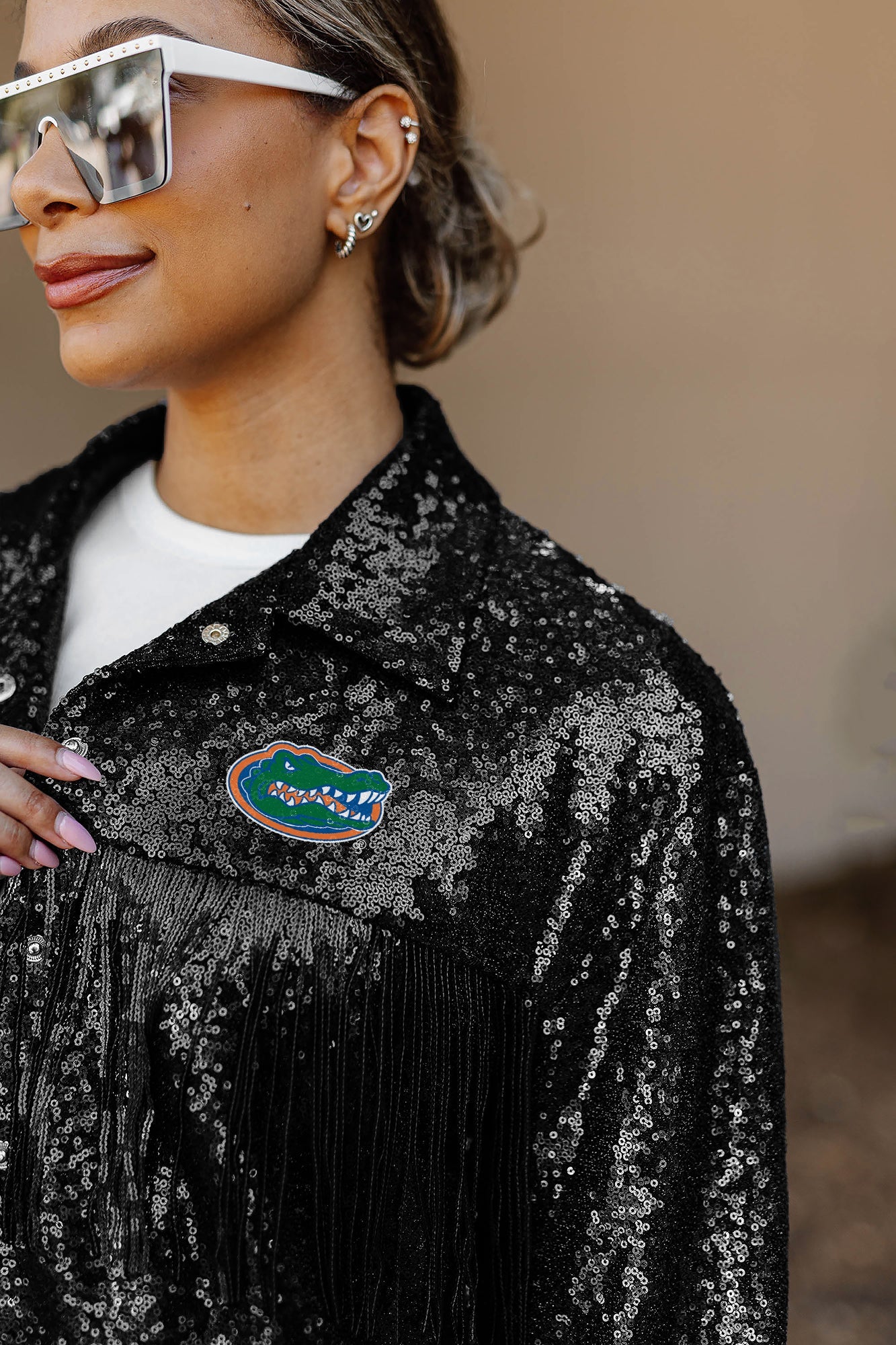 FLORIDA GATORS ON THE FRINGE MIRRORBALL FRINGE SEQUIN JACKET