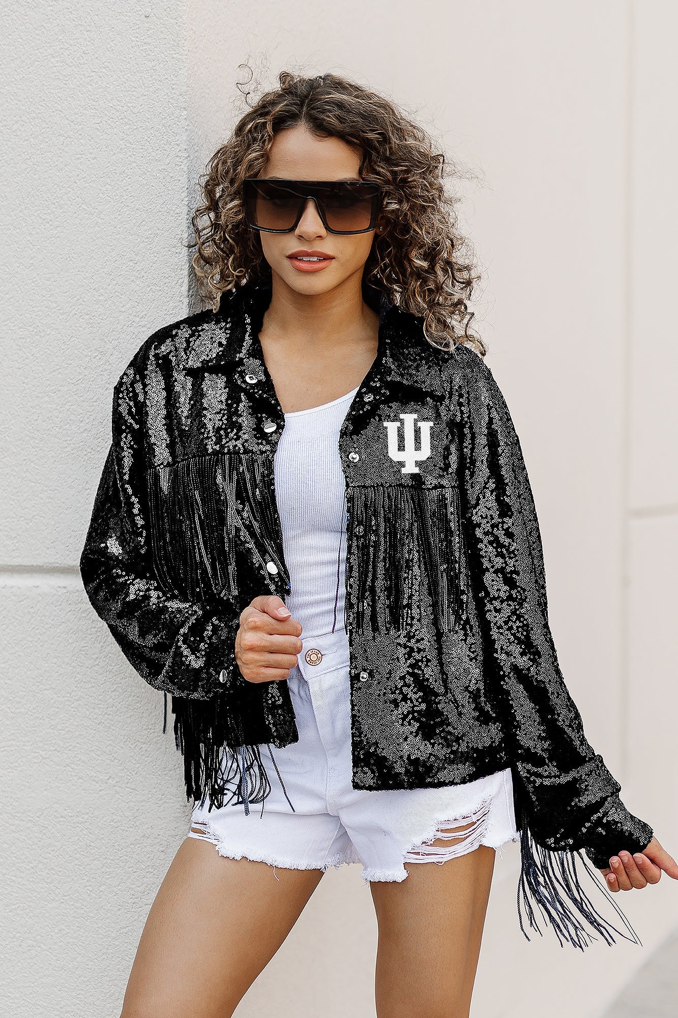 INDIANA HOOSIERS ON THE FRINGE MIRRORBALL FRINGE SEQUIN JACKET