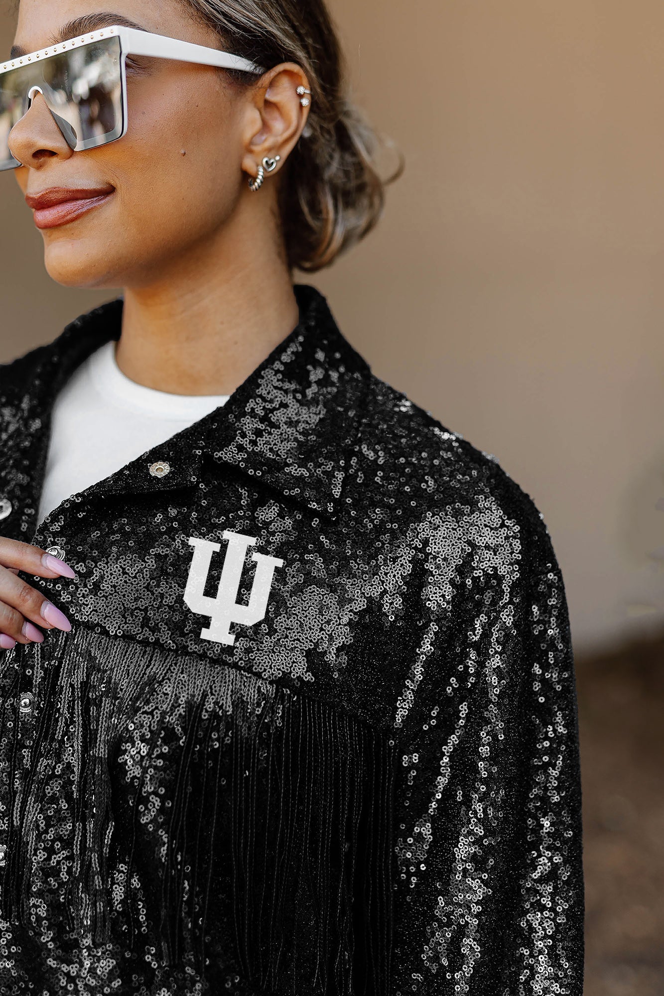 INDIANA HOOSIERS ON THE FRINGE MIRRORBALL FRINGE SEQUIN JACKET