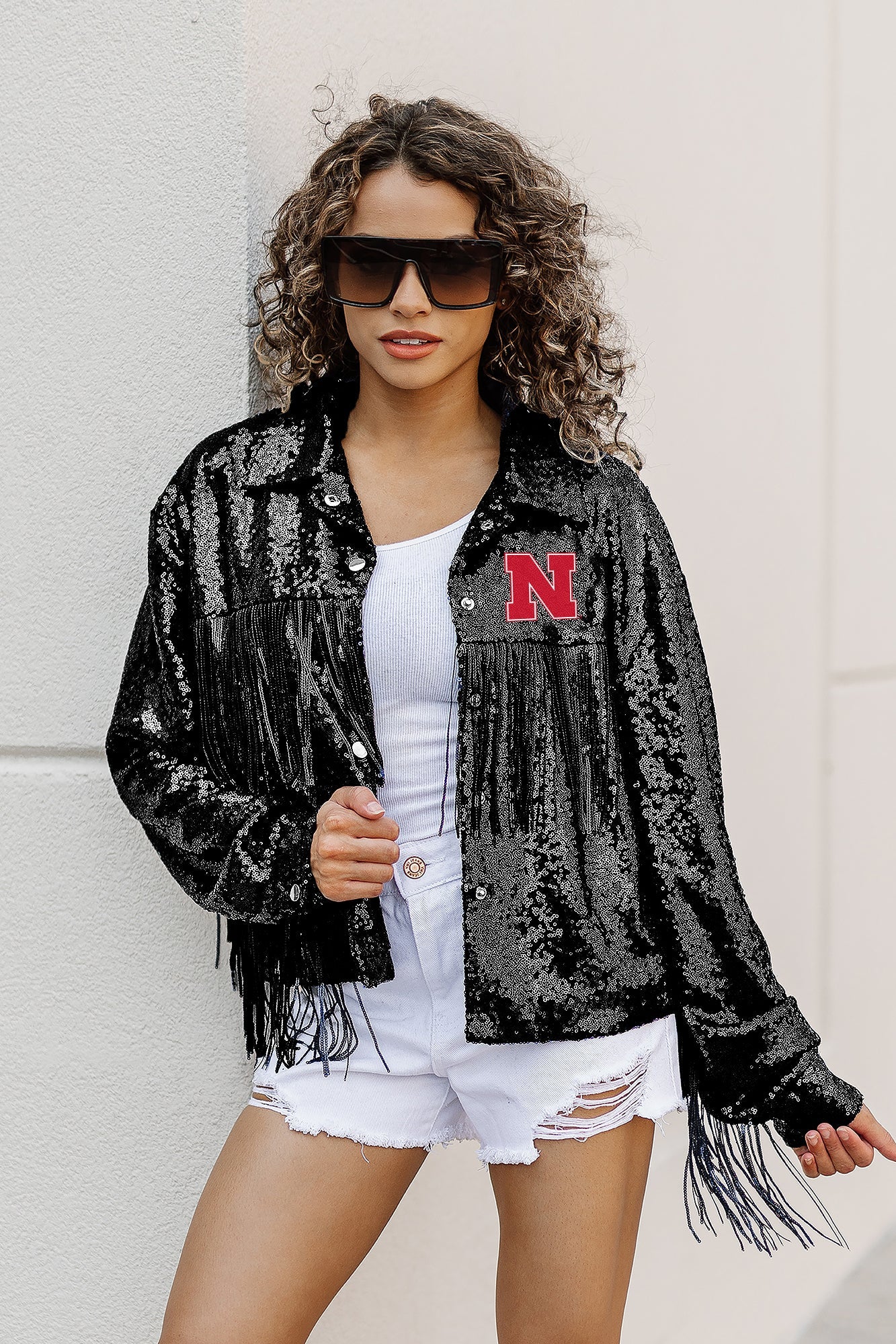 NEBRASKA CORNHUSKERS ON THE FRINGE MIRRORBALL FRINGE SEQUIN JACKET