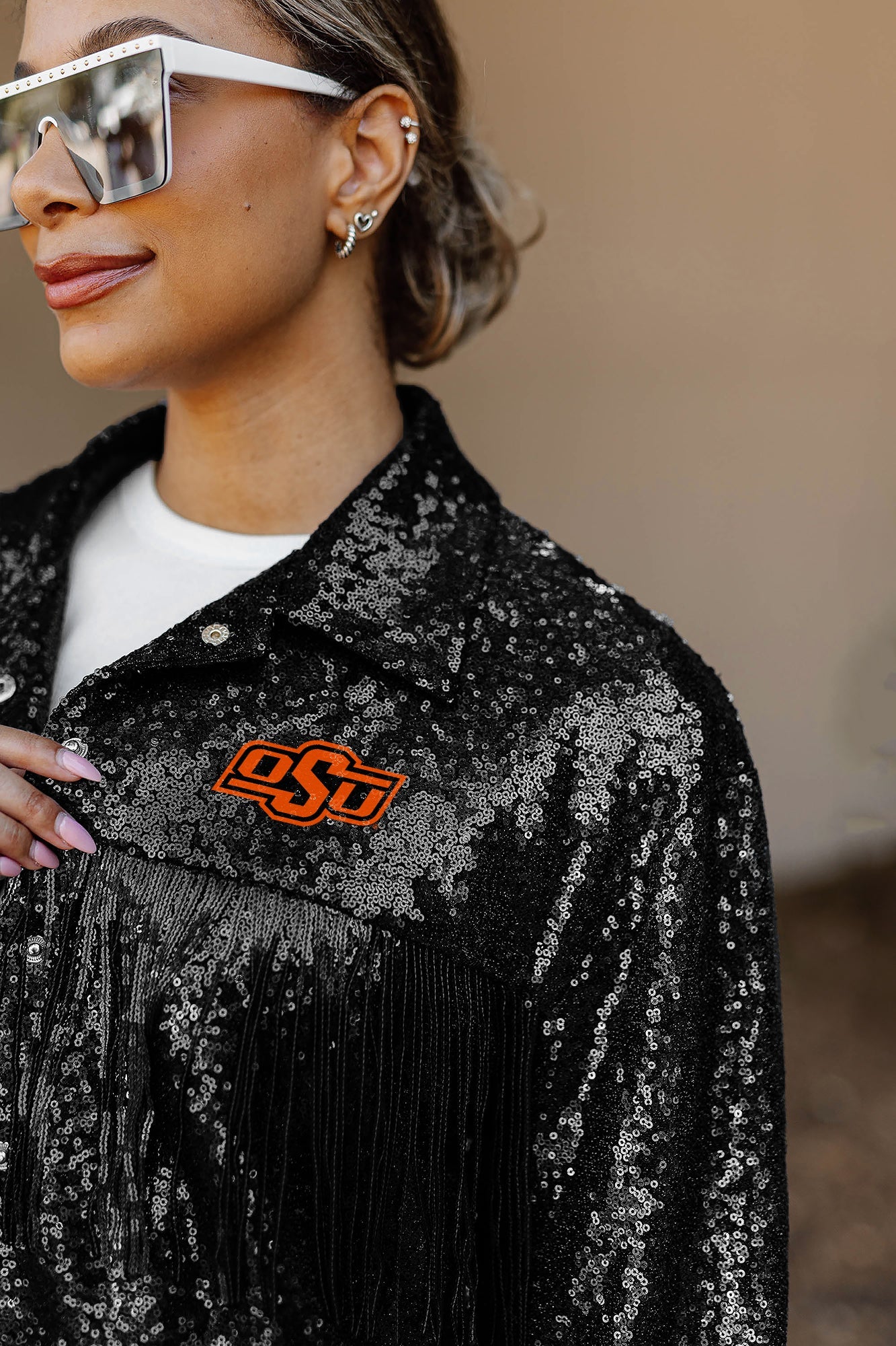 OKLAHOMA STATE COWBOYS ON THE FRINGE MIRRORBALL FRINGE SEQUIN JACKET