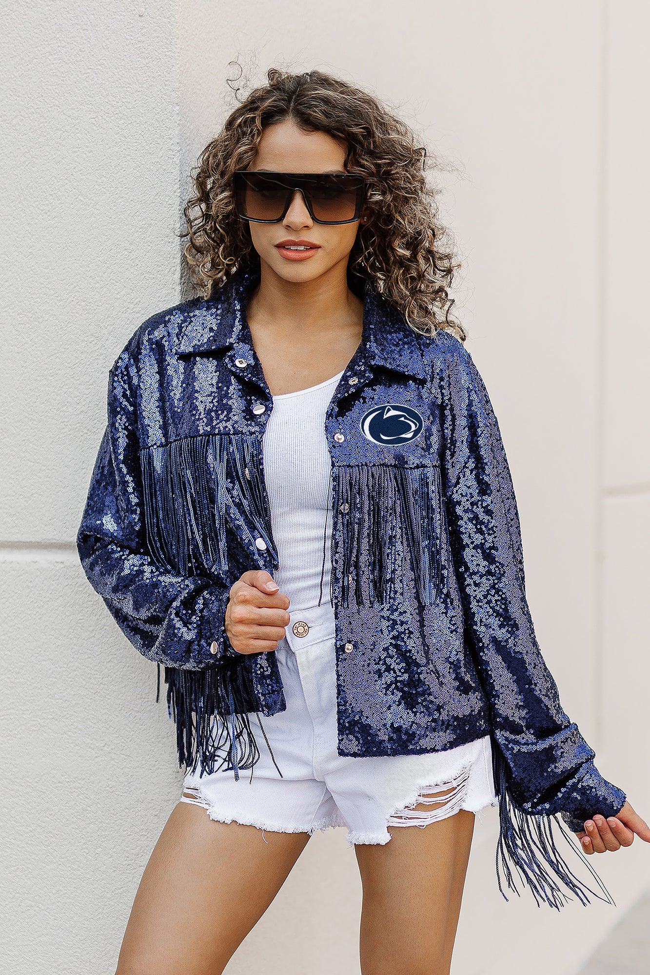 PENN STATE NITTANY LIONS ON THE FRINGE MIRRORBALL FRINGE SEQUIN JACKET