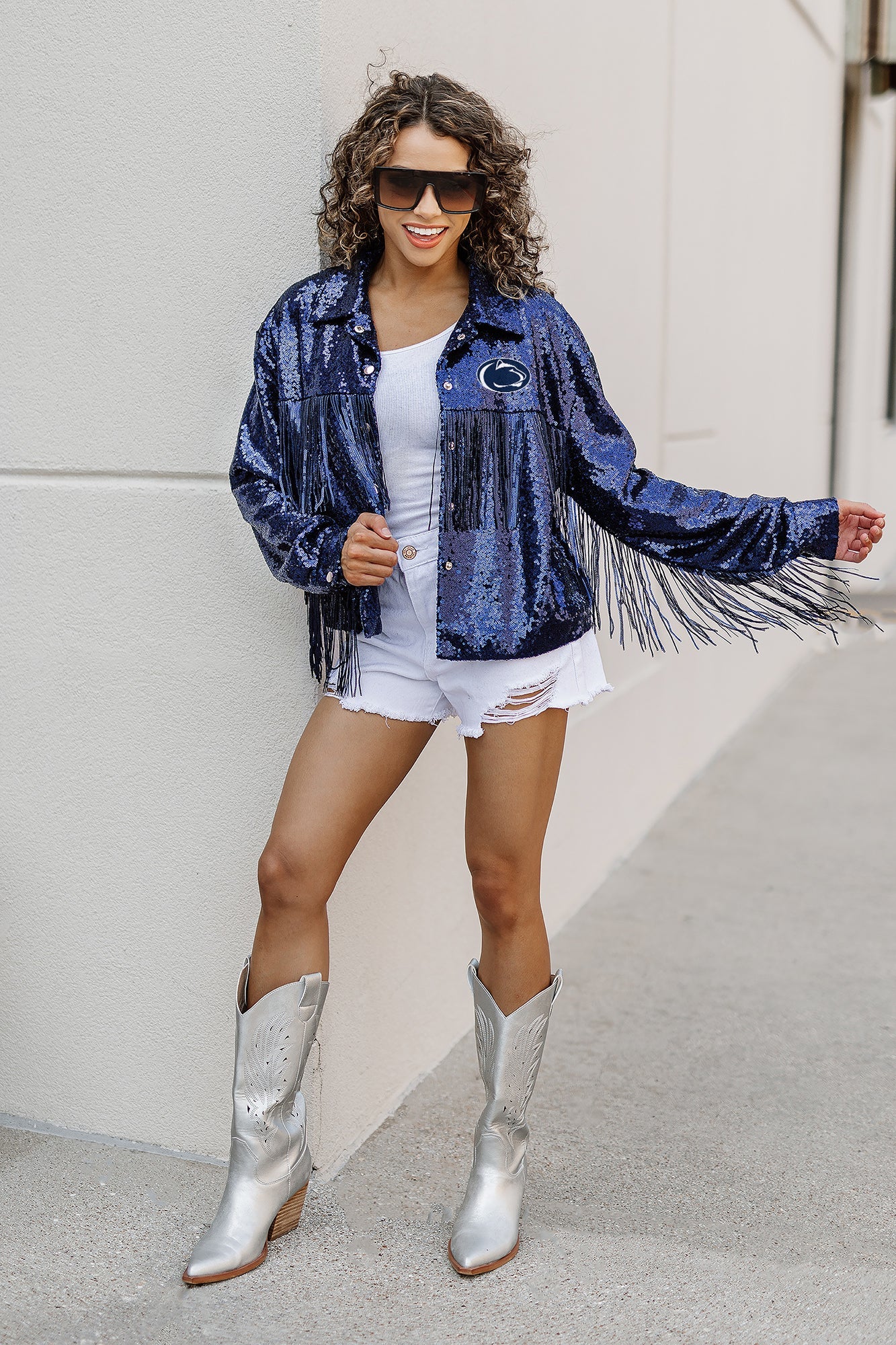 PENN STATE NITTANY LIONS ON THE FRINGE MIRRORBALL FRINGE SEQUIN JACKET