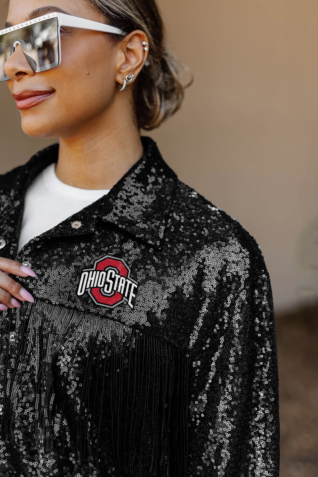 OHIO STATE BUCKEYES ON THE FRINGE MIRRORBALL FRINGE SEQUIN JACKET