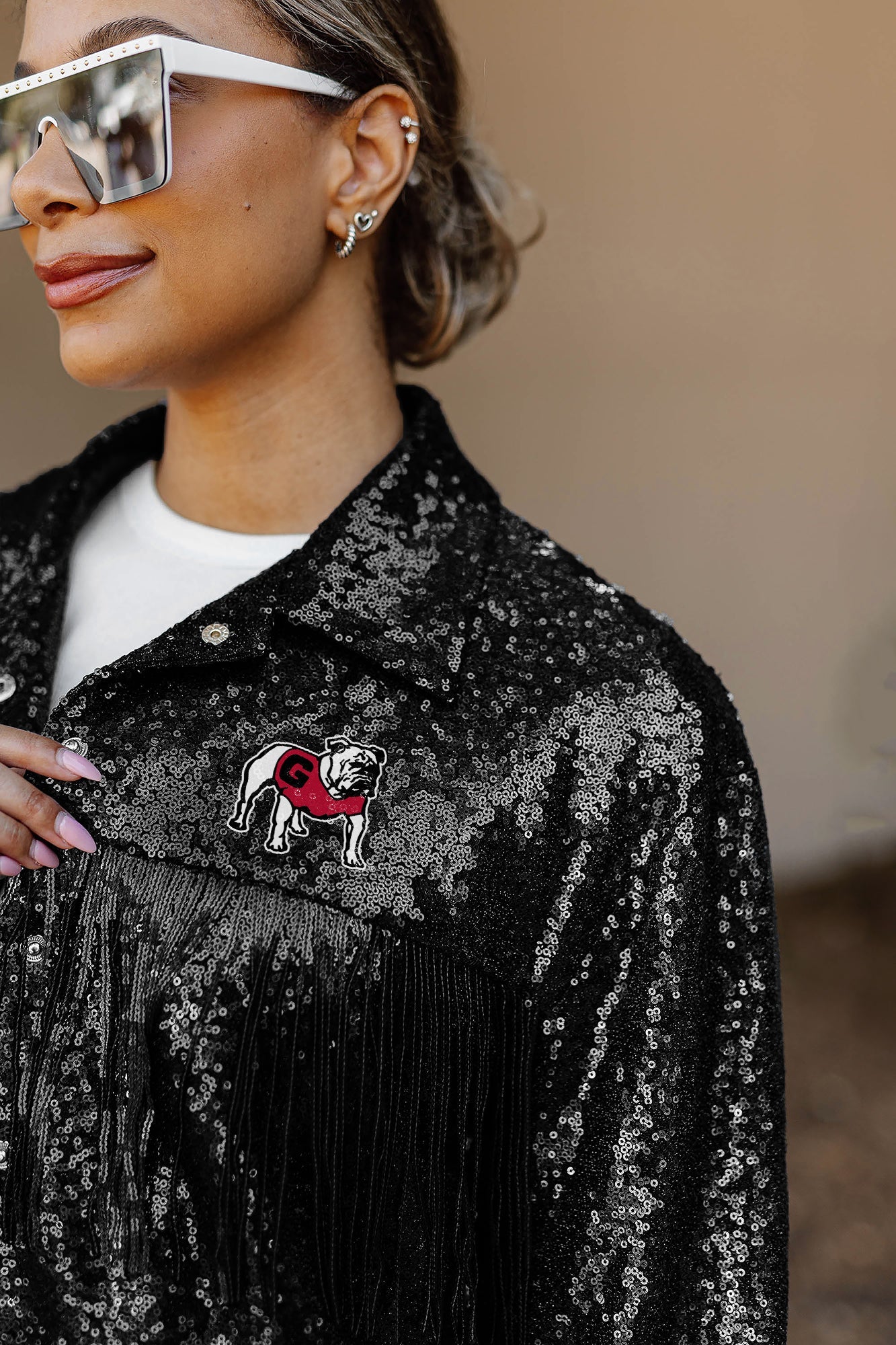 GEORGIA BULLDOGS ON THE FRINGE MIRRORBALL FRINGE SEQUIN JACKET