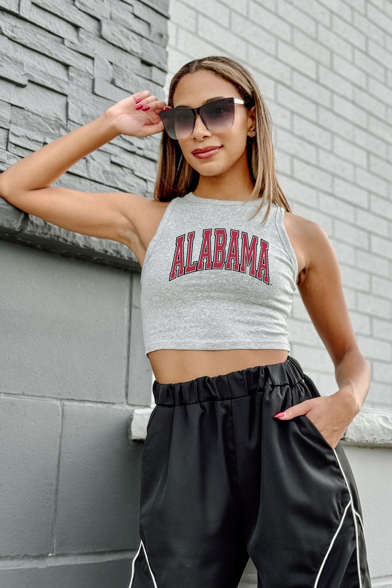 ALABAMA CRIMSON TIDE DOWN AND DISTANCE ESSENTIAL RIBBED CROP TANK BY MADI PREWETT TROUTT