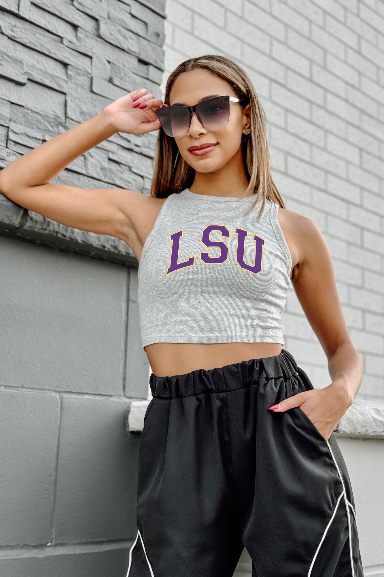 LSU TIGERS DOWN AND DISTANCE ESSENTIAL RIBBED CROP TANK BY MADI PREWETT TROUTT