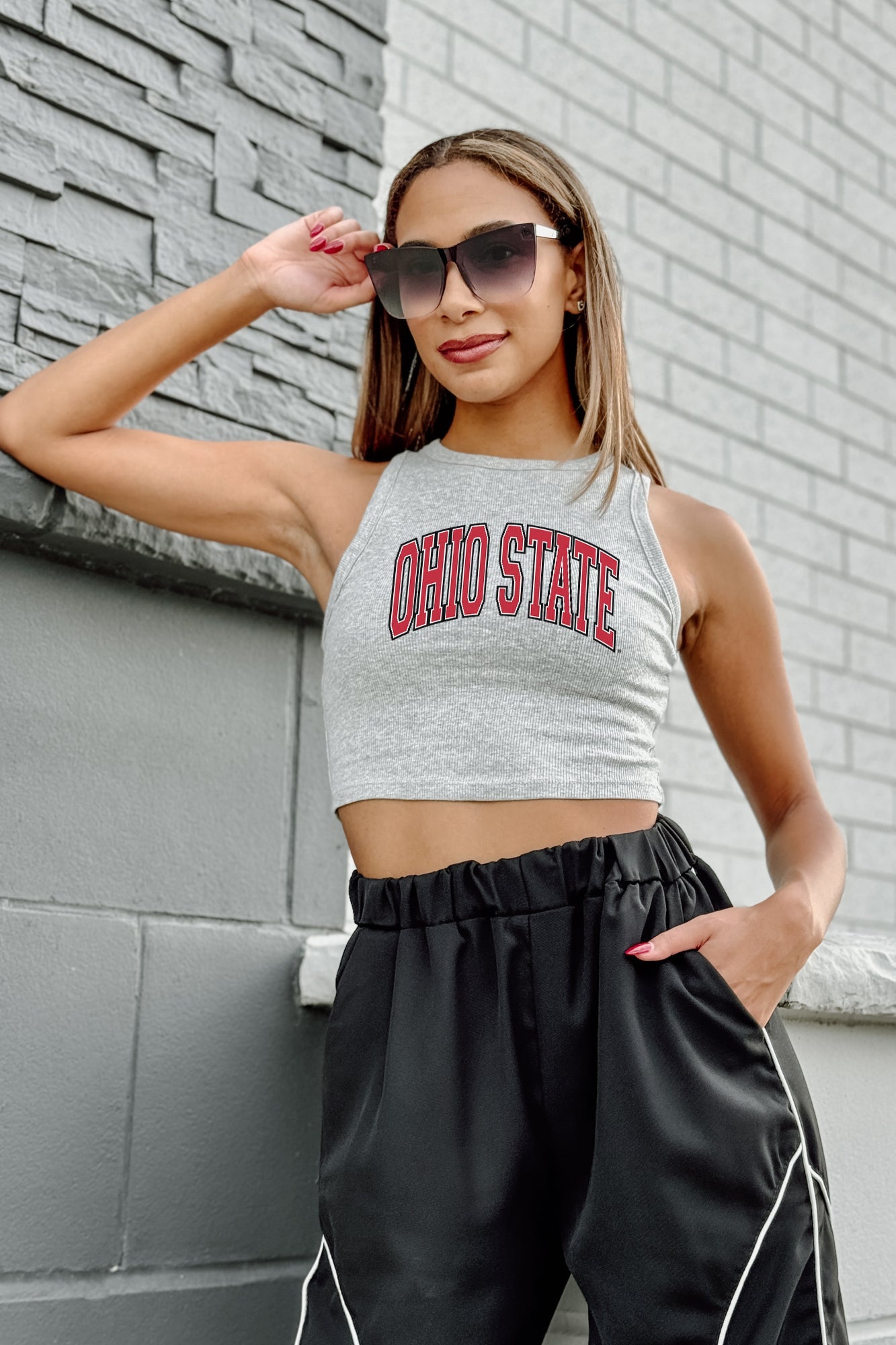 OHIO STATE BUCKEYES DOWN AND DISTANCE ESSENTIAL RIBBED CROP TANK BY MADI PREWETT TROUTT