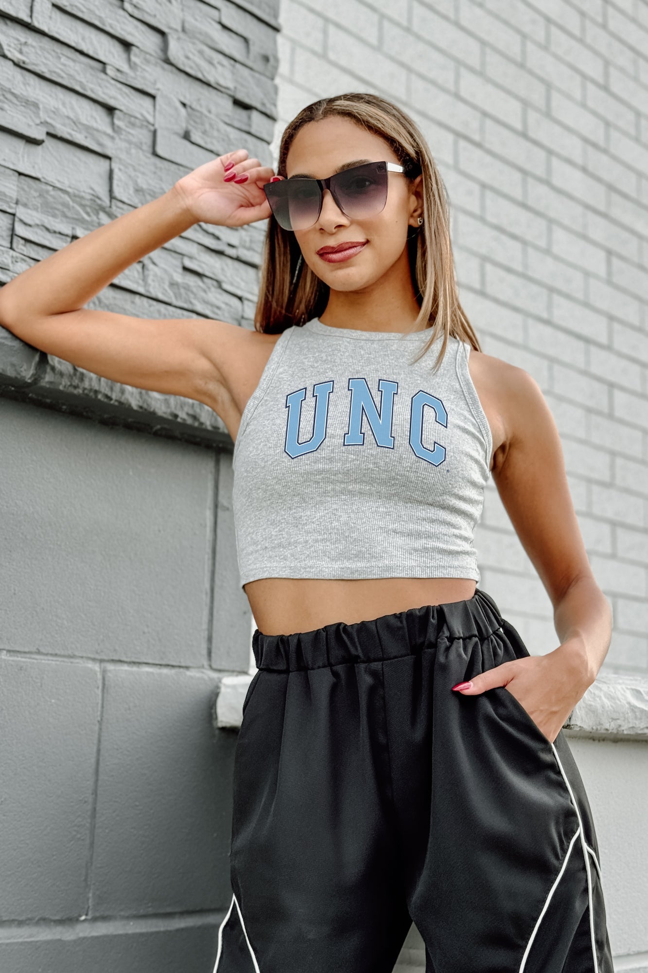 NORTH CAROLINA TAR HEELS DOWN AND DISTANCE ESSENTIAL RIBBED CROP TANK BY MADI PREWETT TROUTT