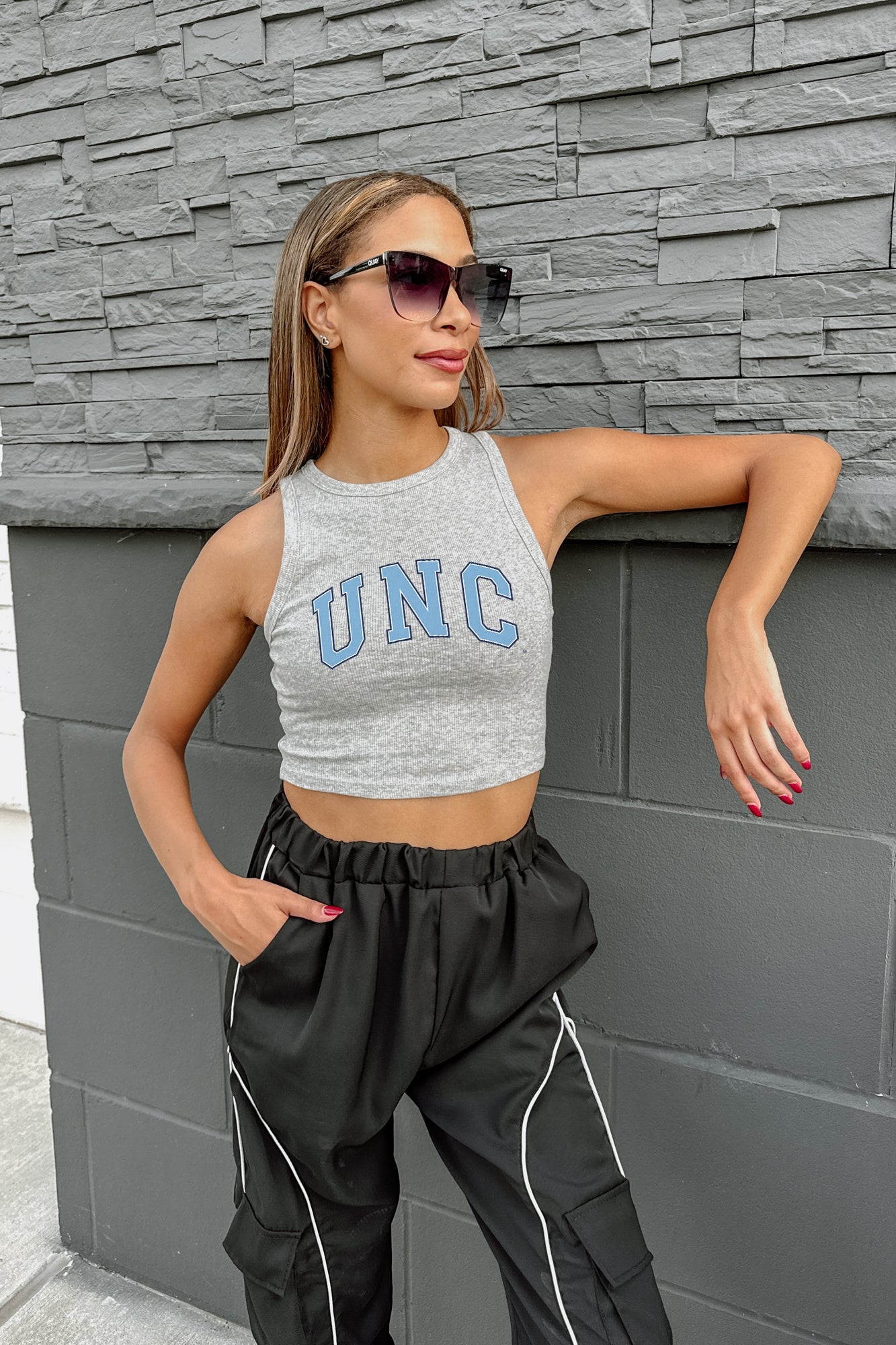 NORTH CAROLINA TAR HEELS DOWN AND DISTANCE ESSENTIAL RIBBED CROP TANK BY MADI PREWETT TROUTT