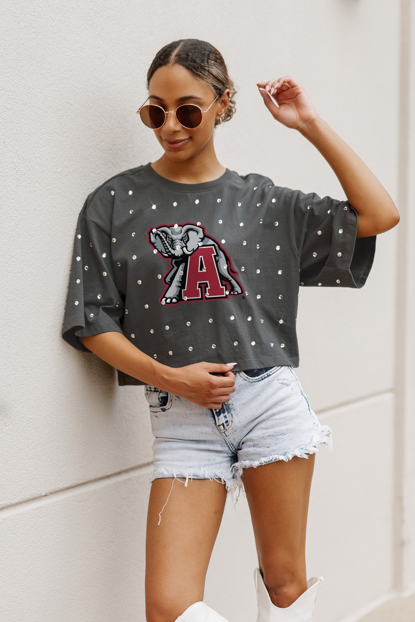 ALABAMA CRIMSON TIDE JUST IN TIME OVERSIZED ALL-OVER RHINESTONE SHORT SLEEVE CROP TEE