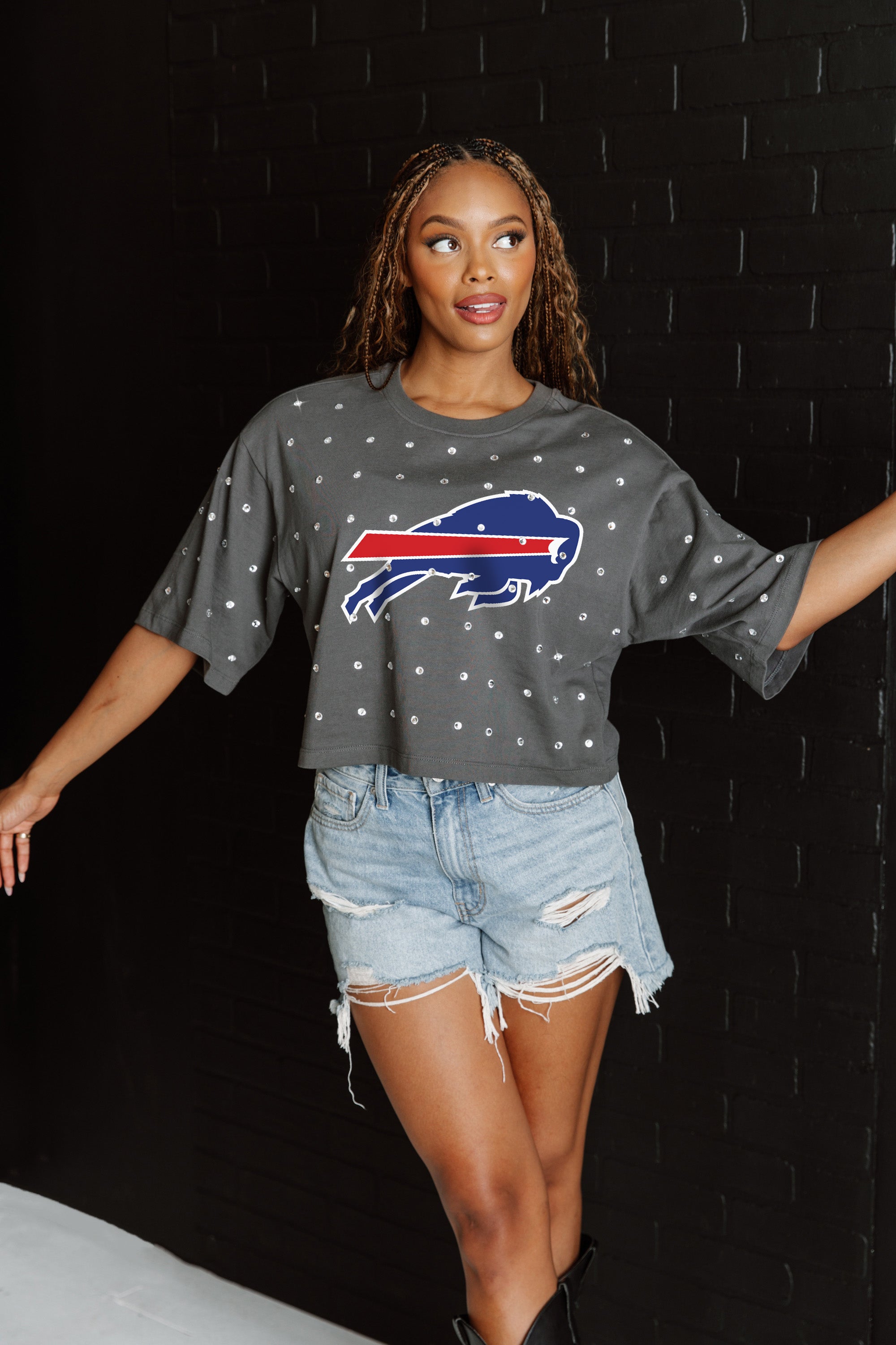 BUFFALO BILLS JUST IN TIME OVERSIZED ALL-OVER RHINESTONE SHORT SLEEVE CROP TEE